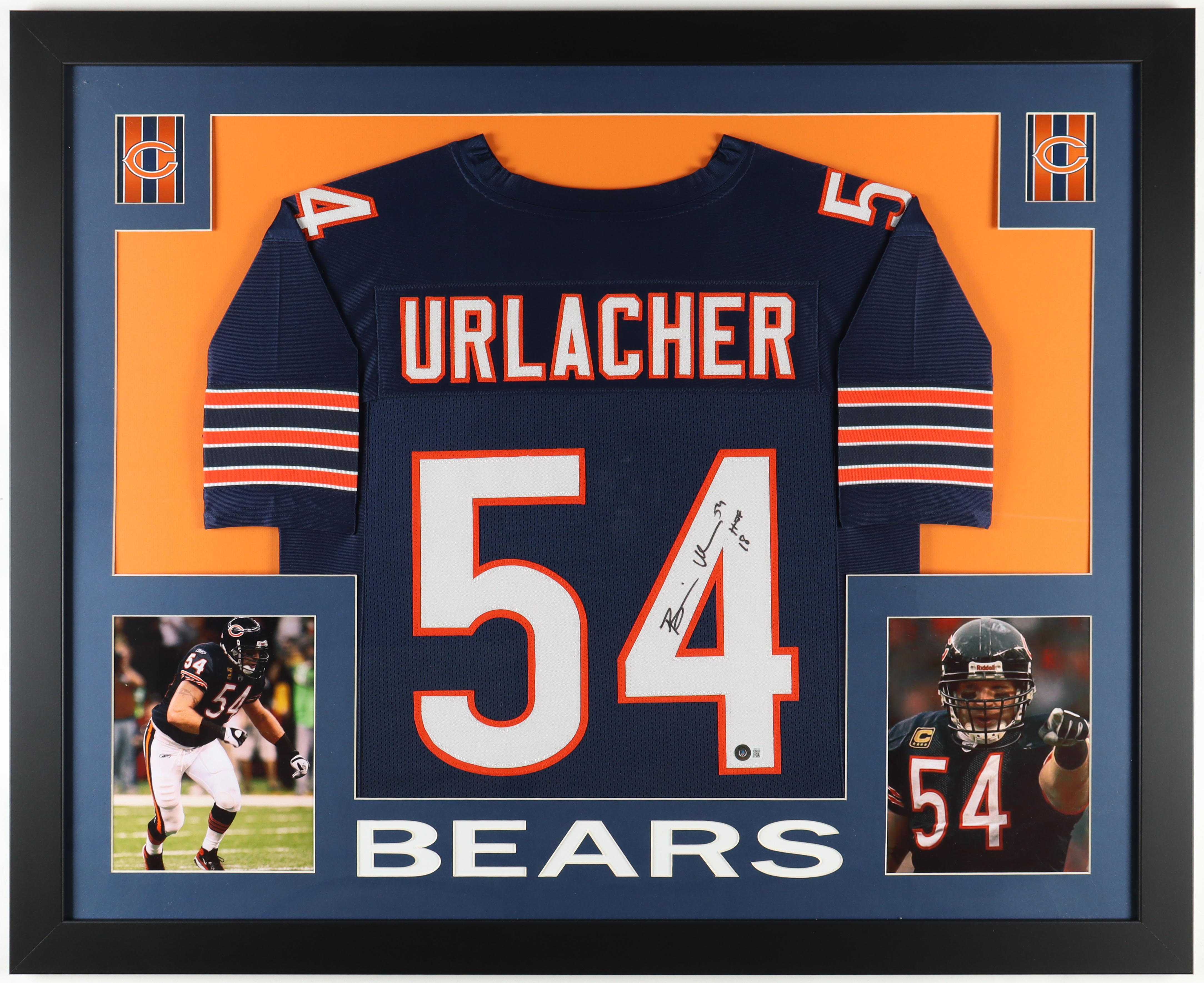 Brian Urlacher Signed Custom Framed Jersey Display Inscribed "HOF 18" (Beckett) at PristineAuction.com Brian Urlacher Signed Custom Framed Jersey Display Inscribed "HOF 18" (Beckett) at PristineAuction.com