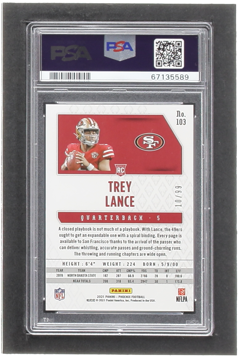 Trey Lance 2021 Panini Phoenix Orange Lazer #103 #10/99 RC (PSA 10) at PristineAuction.com Trey Lance 2021 Panini Phoenix Orange Lazer #103 #10/99 RC (PSA 10) at PristineAuction.com