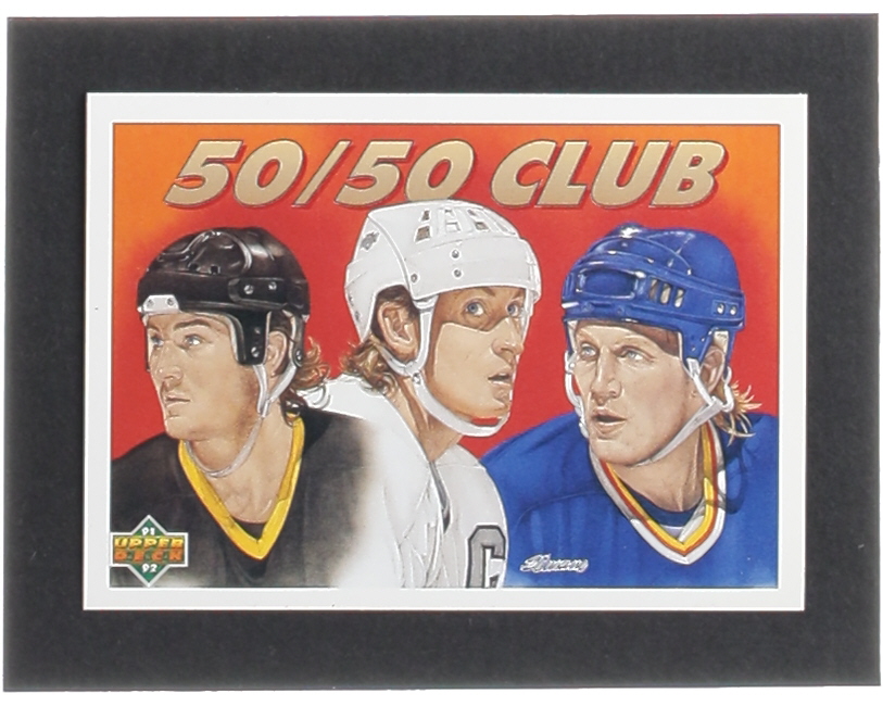 Mario Lemieux / Wayne Gretzky / Brett Hull 1991-92 Upper Deck #45 The 50/50 Club at PristineAuction.com Mario Lemieux / Wayne Gretzky / Brett Hull 1991-92 Upper Deck #45 The 50/50 Club at PristineAuction.com