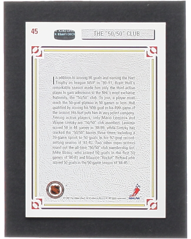 Mario Lemieux / Wayne Gretzky / Brett Hull 1991-92 Upper Deck #45 The 50/50 Club at PristineAuction.com Mario Lemieux / Wayne Gretzky / Brett Hull 1991-92 Upper Deck #45 The 50/50 Club at PristineAuction.com