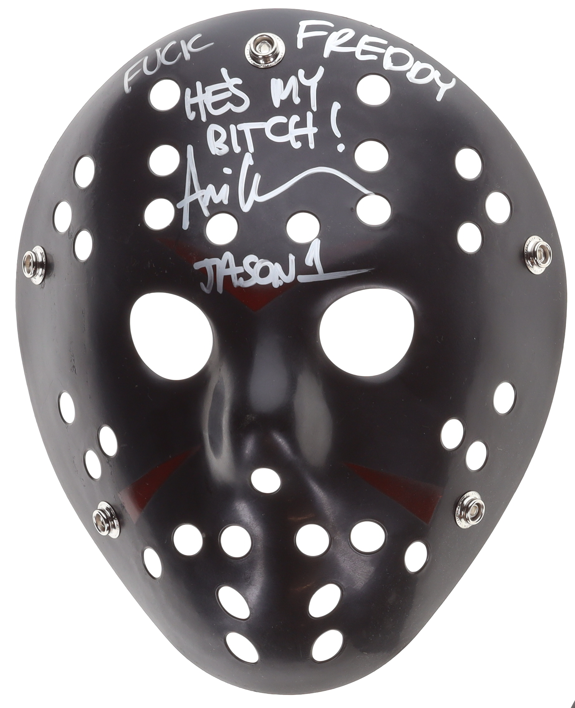 Ari Lehman Signed "Friday the 13th" Jason Voorhees Mask Inscribed "F**k Freddy", "He's My B***h!" & "Jason 1" (Beckett) at PristineAuction.com Ari Lehman Signed "Friday the 13th" Jason Voorhees Mask Inscribed "F**k Freddy", "He's My B***h!" & "Jason 1" (Beckett) at PristineAuction.com