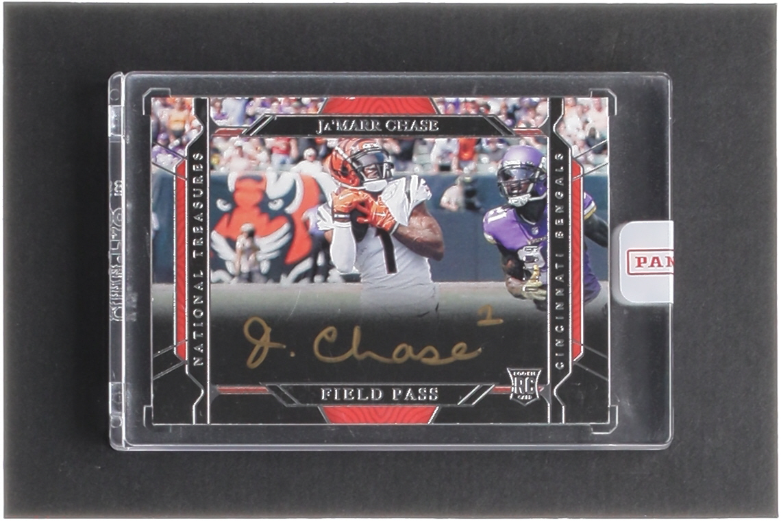 Ja'Marr Chase 2021 Panini National Treasures Rookie Signatures Field Pass #16 EXCH RC #01/99 at PristineAuction.com Ja'Marr Chase 2021 Panini National Treasures Rookie Signatures Field Pass #16 EXCH RC #01/99 at PristineAuction.com
