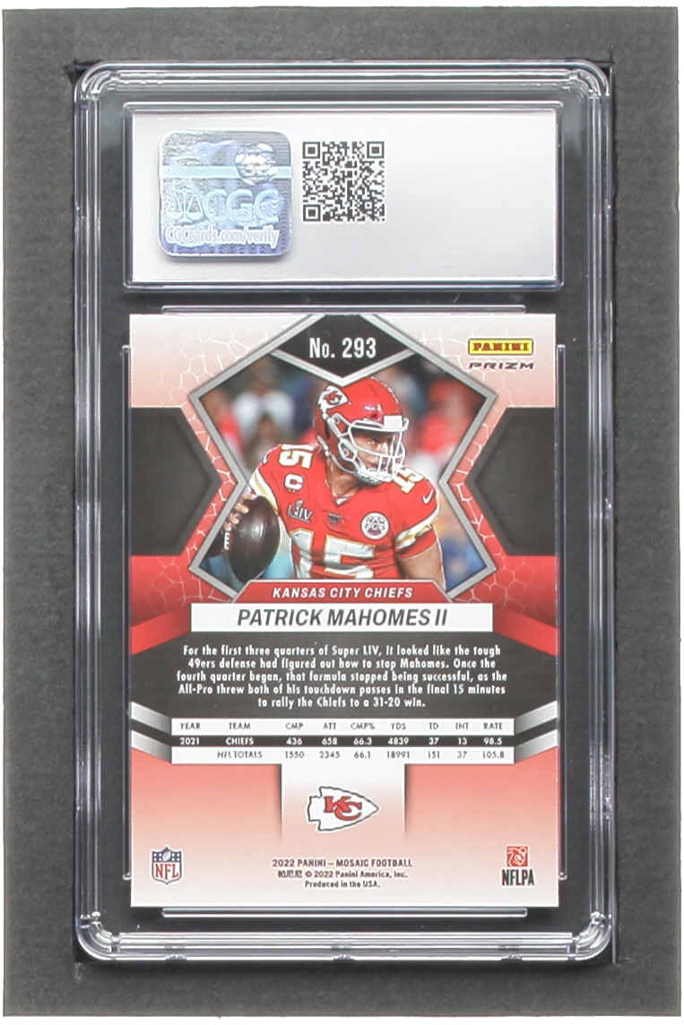 Patrick Mahomes II 2022 Panini Mosaic Mosaic Camo Pink #293 MVP (CGC 10) at PristineAuction.com Patrick Mahomes II 2022 Panini Mosaic Mosaic Camo Pink #293 MVP (CGC 10) at PristineAuction.com