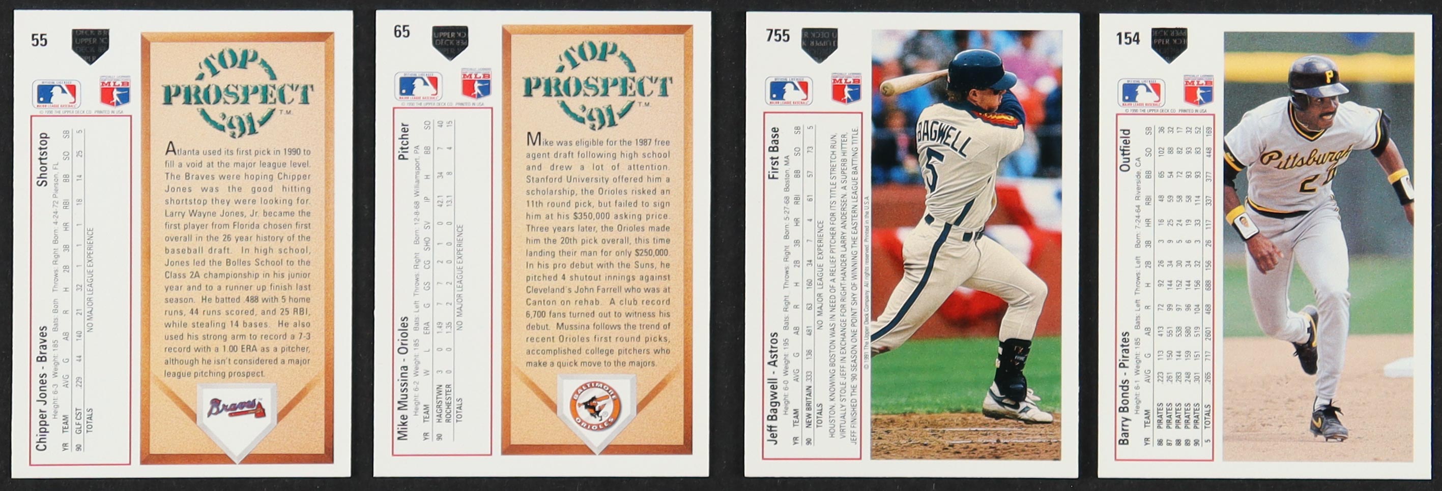 1991 Upper Deck Complete Set of (800) Baseball Cards with Jeff Bagwell #755, Chipper Jones #55 RC, Mike Mussina #65 RC, Barry Bonds #154 at PristineAuction.com 1991 Upper Deck Complete Set of (800) Baseball Cards with Jeff Bagwell #755, Chipper Jones #55 RC, Mike Mussina #65 RC, Barry Bonds #154 at PristineAuction.com