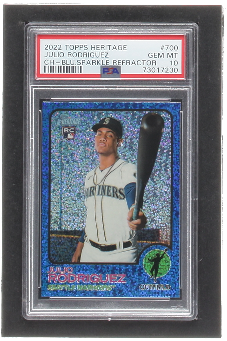 Julio Rodriguez 2022 Topps Heritage Chrome Blue Sparkle #700 RC (PSA 10) at PristineAuction.com Julio Rodriguez 2022 Topps Heritage Chrome Blue Sparkle #700 RC (PSA 10) at PristineAuction.com