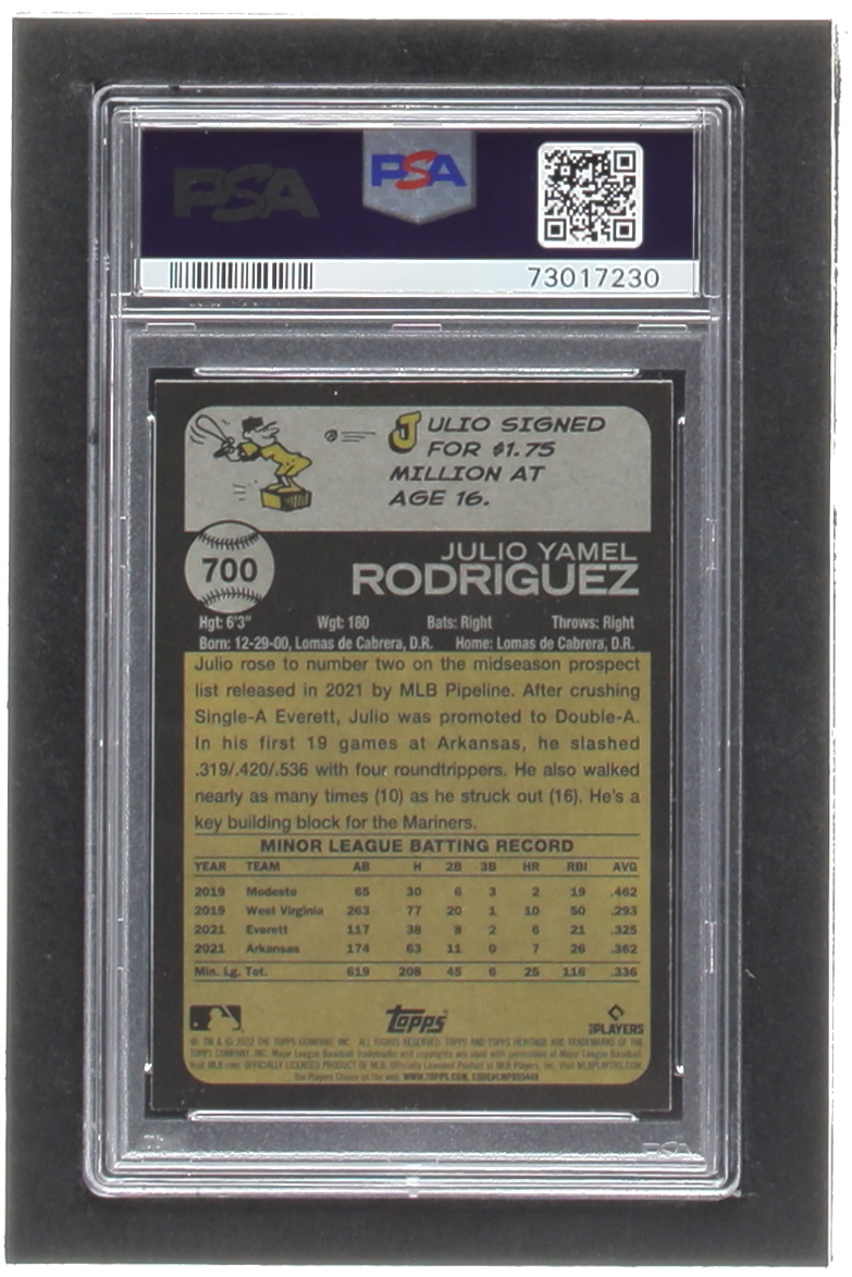 Julio Rodriguez 2022 Topps Heritage Chrome Blue Sparkle #700 RC (PSA 10) at PristineAuction.com Julio Rodriguez 2022 Topps Heritage Chrome Blue Sparkle #700 RC (PSA 10) at PristineAuction.com