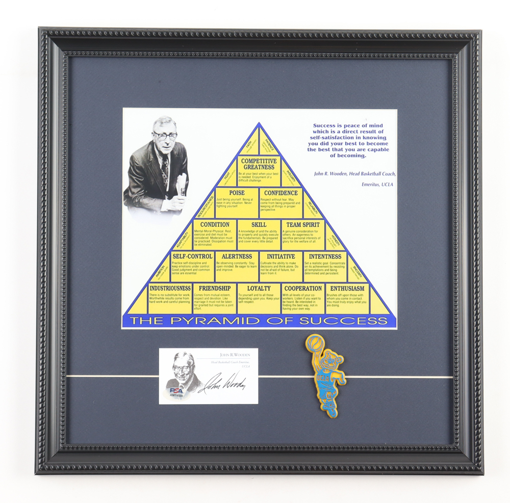 John Wooden Signed Custom Framed Cut Business Card With Pyramid Of Success Print & Bruins Figure (PSA) at PristineAuction.com John Wooden Signed Custom Framed Cut Business Card With Pyramid Of Success Print & Bruins Figure (PSA) at PristineAuction.com