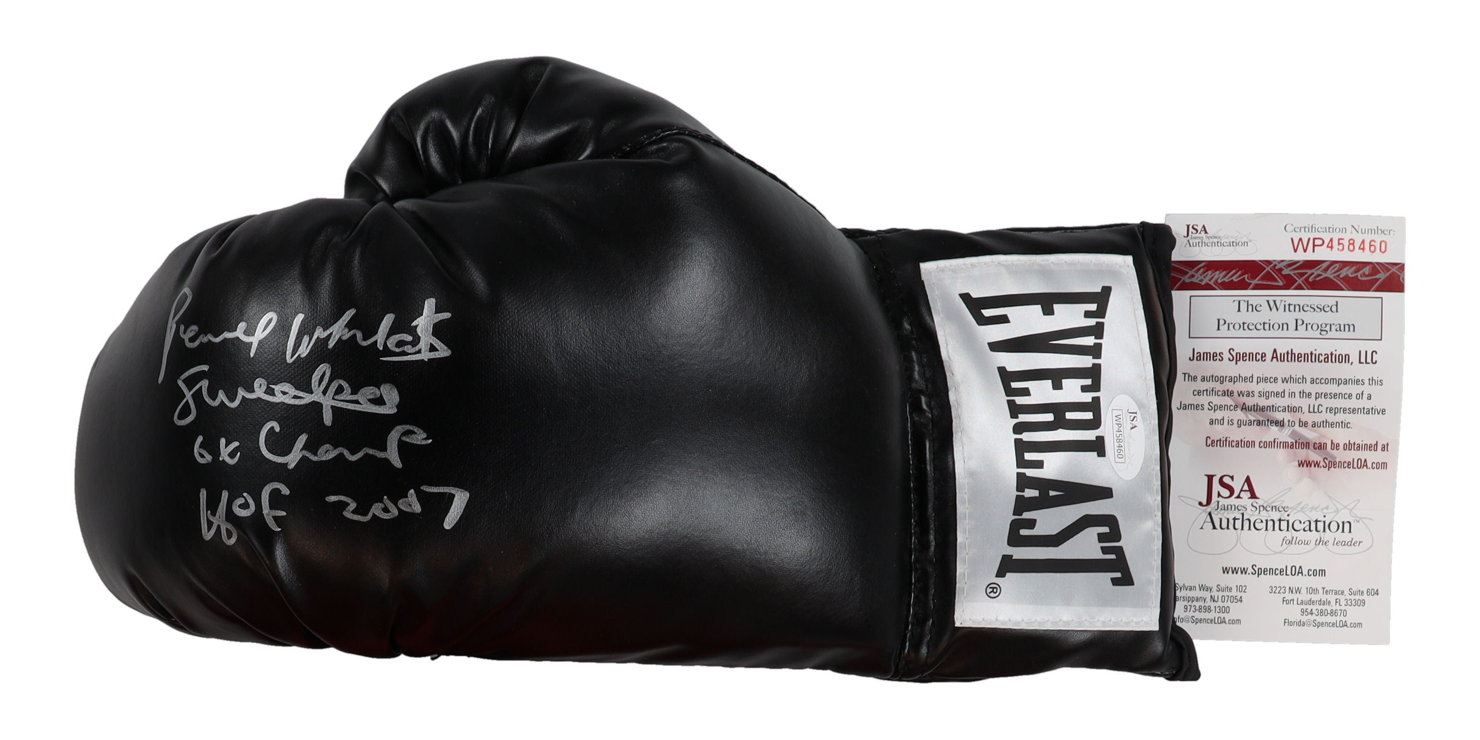 Pernell Whitaker Signed Everlast Boxing Glove Inscribed "Sweet Pea", "6x Champ", & "HOF 2007" (JSA) at PristineAuction.com Pernell Whitaker Signed Everlast Boxing Glove Inscribed "Sweet Pea", "6x Champ", & "HOF 2007" (JSA) at PristineAuction.com