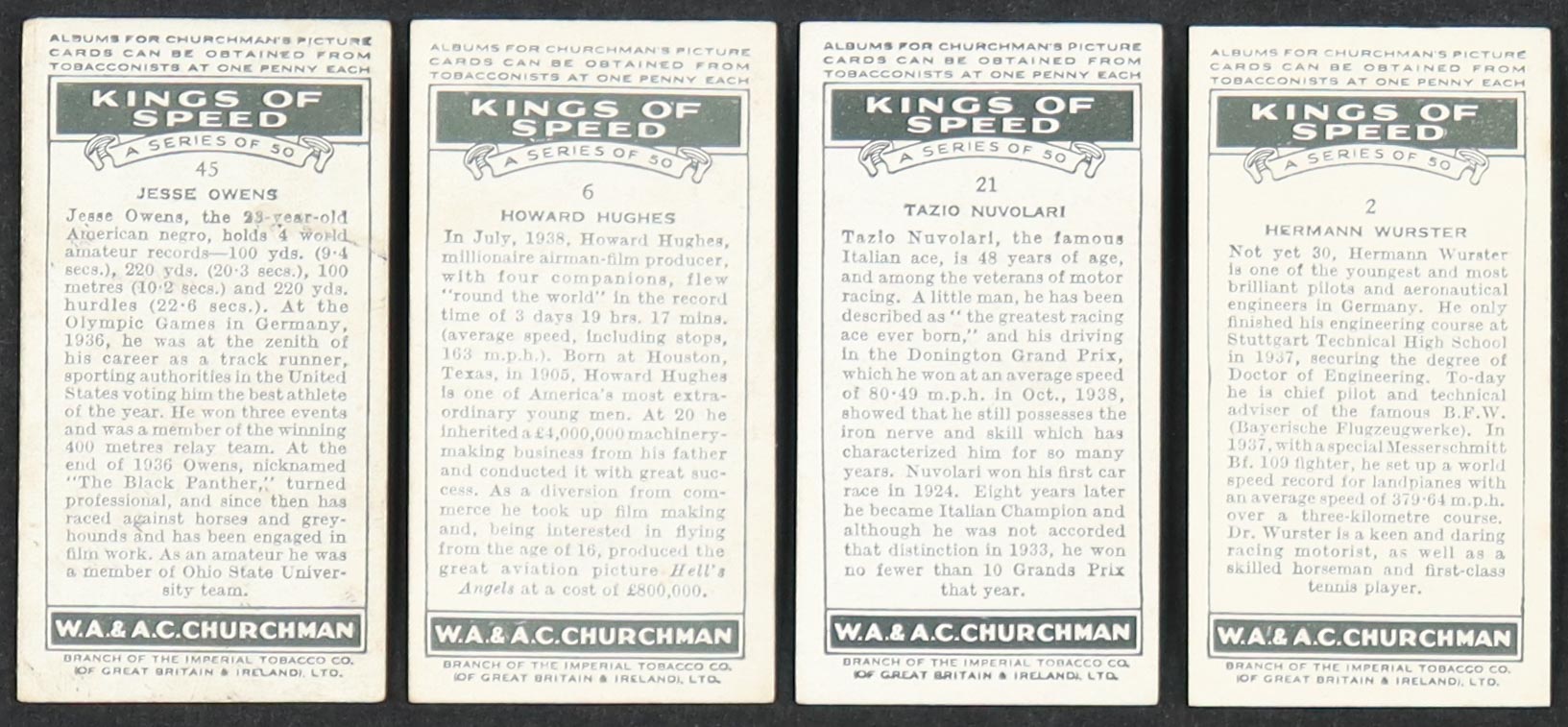 1939 Churchman's Kings of Speed Complete Set of (50) Cards with Jesse Owens #45, Howard Hughes #6, Tazio Nuvolari #21 at PristineAuction.com 1939 Churchman's Kings of Speed Complete Set of (50) Cards with Jesse Owens #45, Howard Hughes #6, Tazio Nuvolari #21 at PristineAuction.com