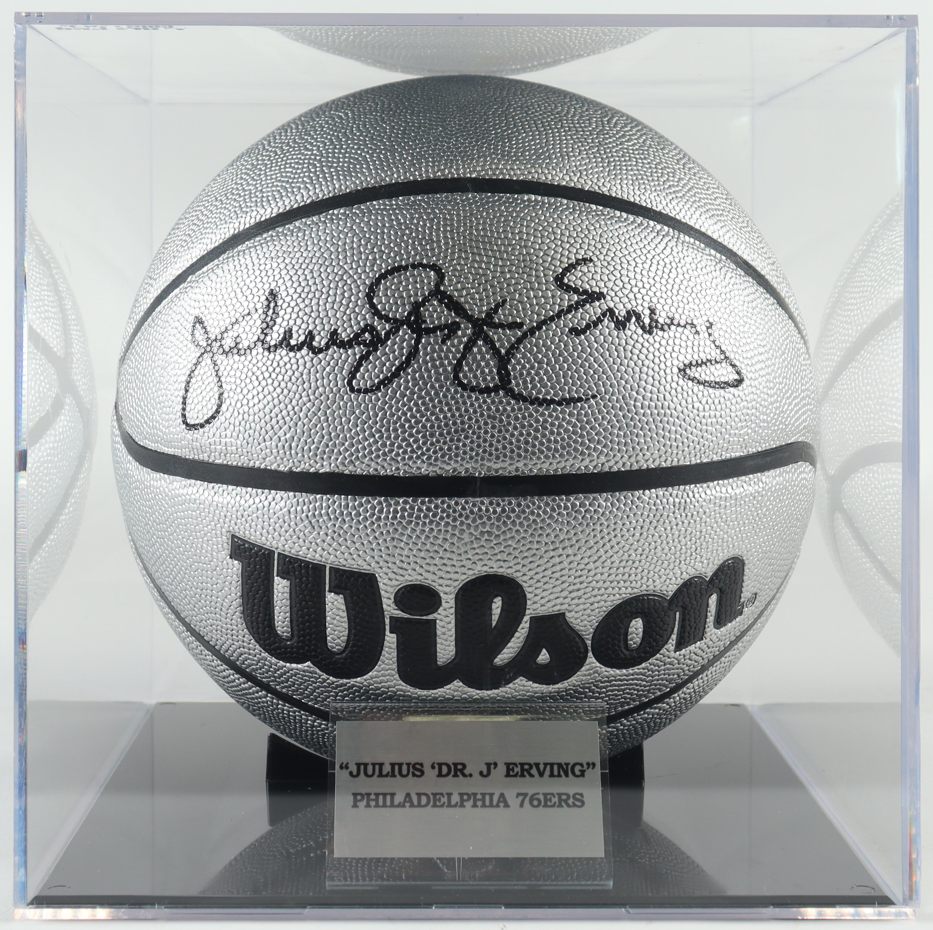 Julies "Dr. J" Erving Signed NBA Platinum Edition Basketball with New Acrylic Display Case & Name Plate (Beckett) at PristineAuction.com Julies "Dr. J" Erving Signed NBA Platinum Edition Basketball with New Acrylic Display Case & Name Plate (Beckett) at PristineAuction.com