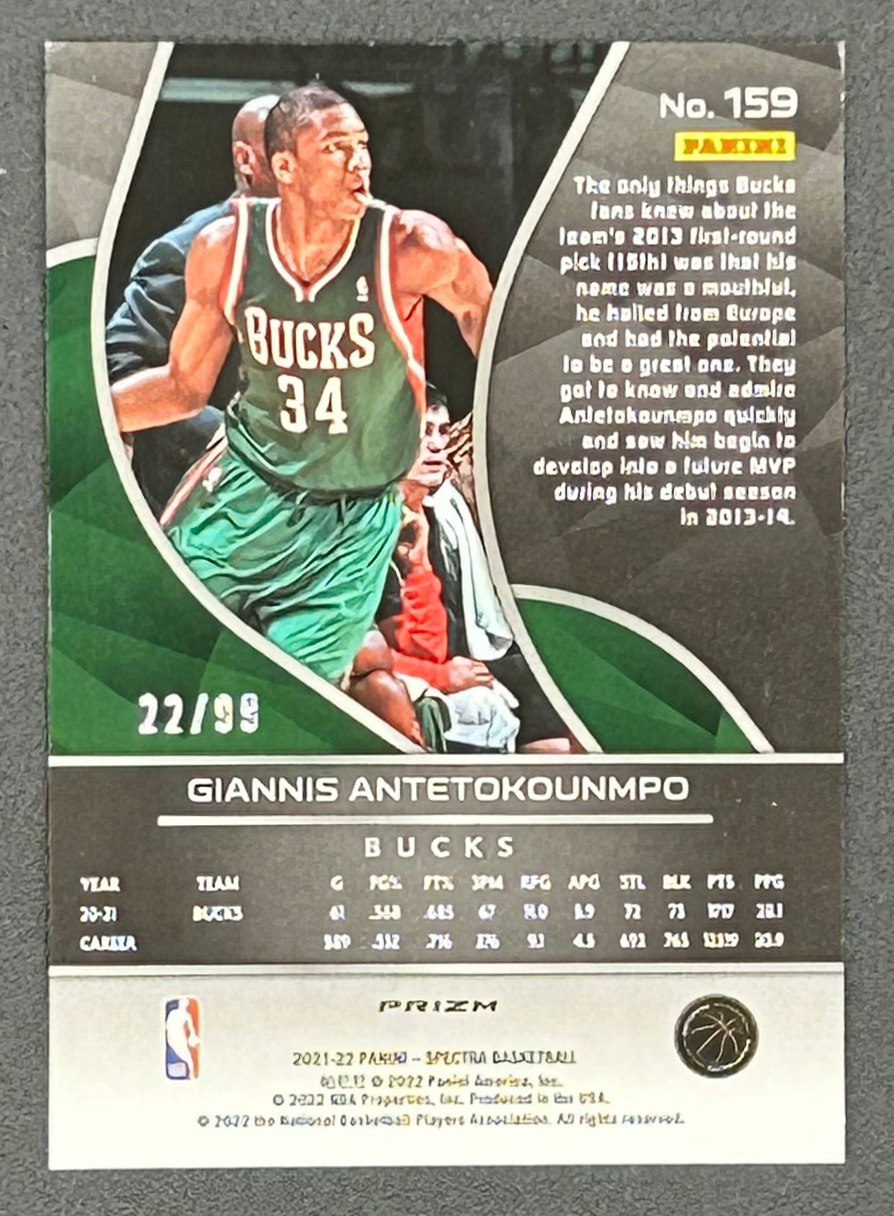 Giannis Antetokounmpo 2021-22 Panini Spectra Celestial #159 #22/99 SD at PristineAuction.com Giannis Antetokounmpo 2021-22 Panini Spectra Celestial #159 #22/99 SD at PristineAuction.com