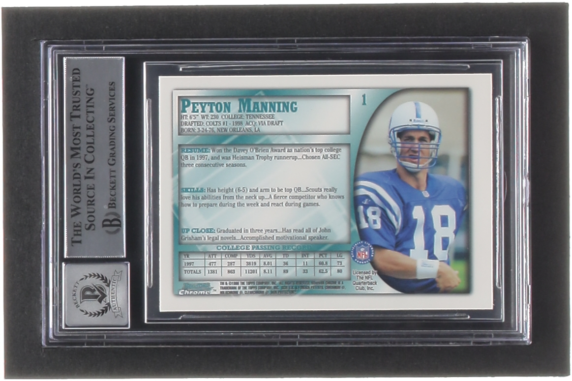 Peyton Manning Signed 1998 Bowman Chrome #1 RC (BGS | Autograph Graded 10) at PristineAuction.com Peyton Manning Signed 1998 Bowman Chrome #1 RC (BGS | Autograph Graded 10) at PristineAuction.com