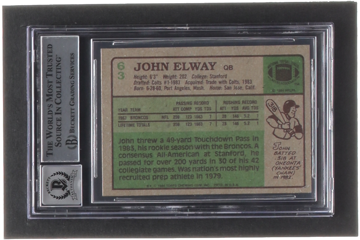 John Elway Signed 1984 Topps #63 RC (BGS | Autograph Graded 10) at PristineAuction.com John Elway Signed 1984 Topps #63 RC (BGS | Autograph Graded 10) at PristineAuction.com
