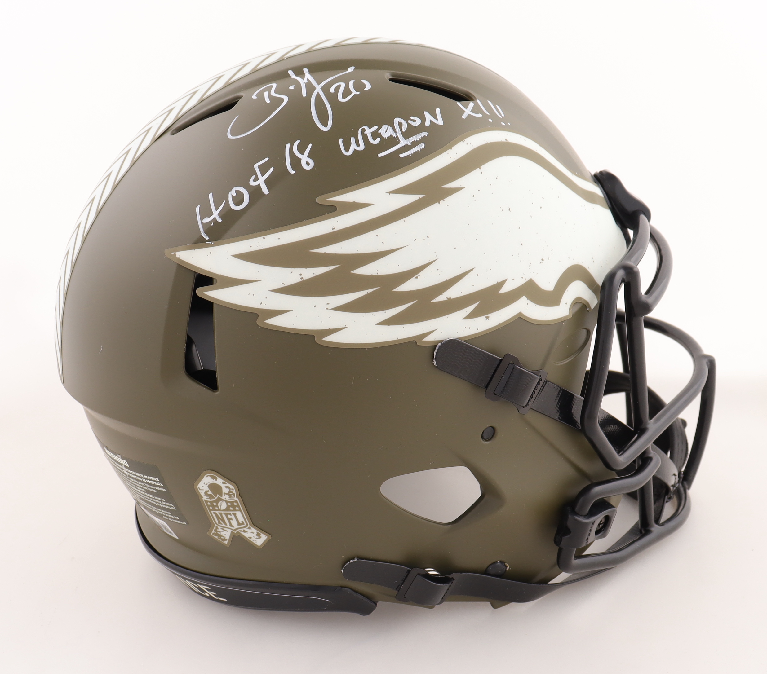 Brian Dawkins Signed Full Size Authentic Eagles Salute To Service Alternate Speed Helmet Inscribed "HOF 18" & "Weapon X!!!" (Beckett & Prova) at PristineAuction.com Brian Dawkins Signed Full Size Authentic Eagles Salute To Service Alternate Speed Helmet Inscribed "HOF 18" & "Weapon X!!!" (Beckett & Prova) at PristineAuction.com