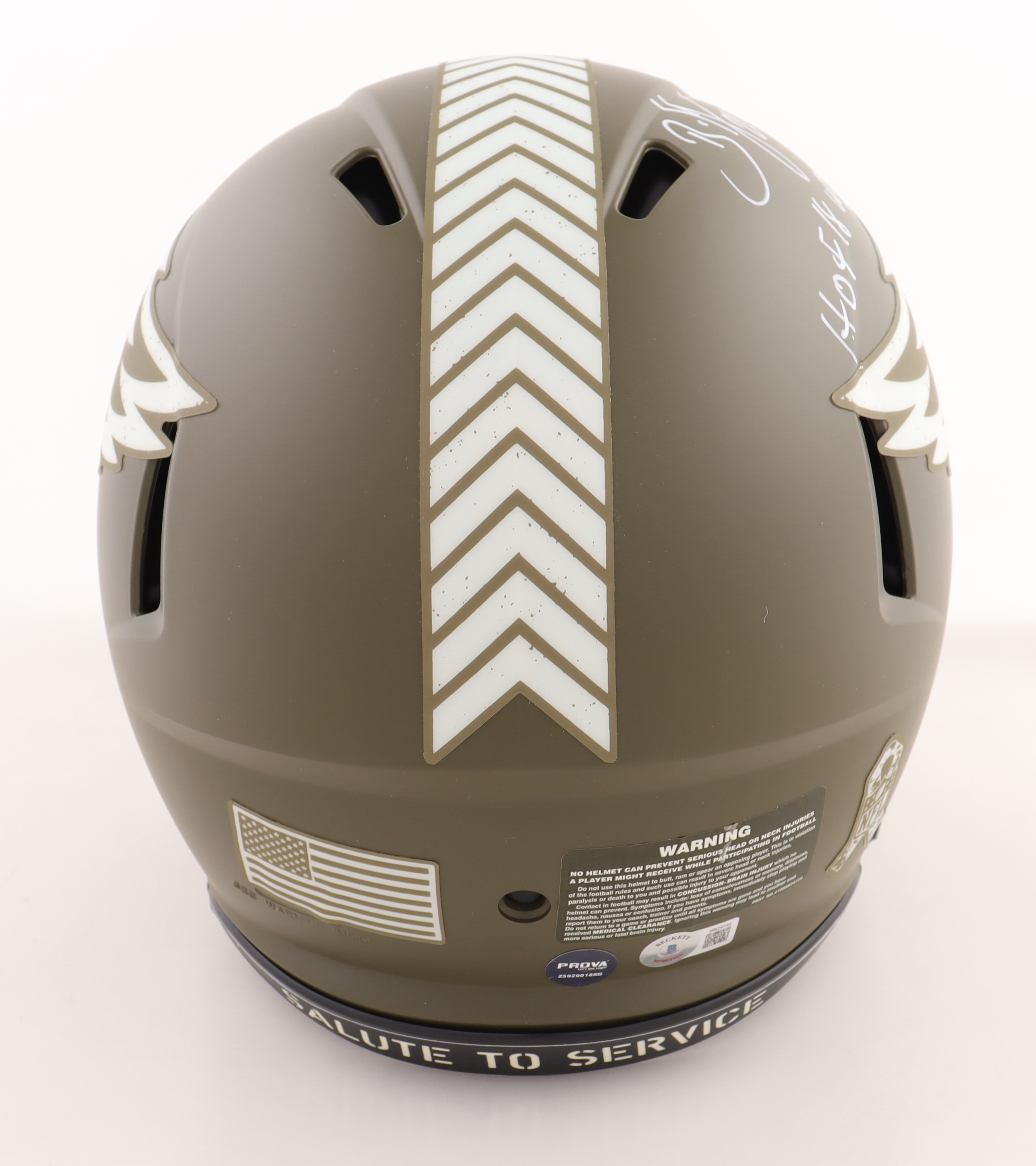 Brian Dawkins Signed Full Size Authentic Eagles Salute To Service Alternate Speed Helmet Inscribed "HOF 18" & "Weapon X!!!" (Beckett & Prova) at PristineAuction.com Brian Dawkins Signed Full Size Authentic Eagles Salute To Service Alternate Speed Helmet Inscribed "HOF 18" & "Weapon X!!!" (Beckett & Prova) at PristineAuction.com