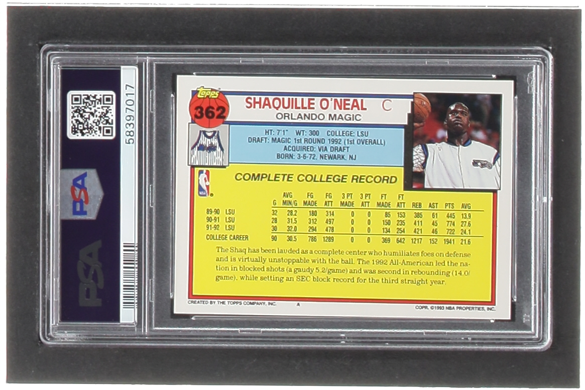 Shaquille O'Neal 1992-93 Topps #362 RC (PSA 8) at PristineAuction.com Shaquille O'Neal 1992-93 Topps #362 RC (PSA 8) at PristineAuction.com