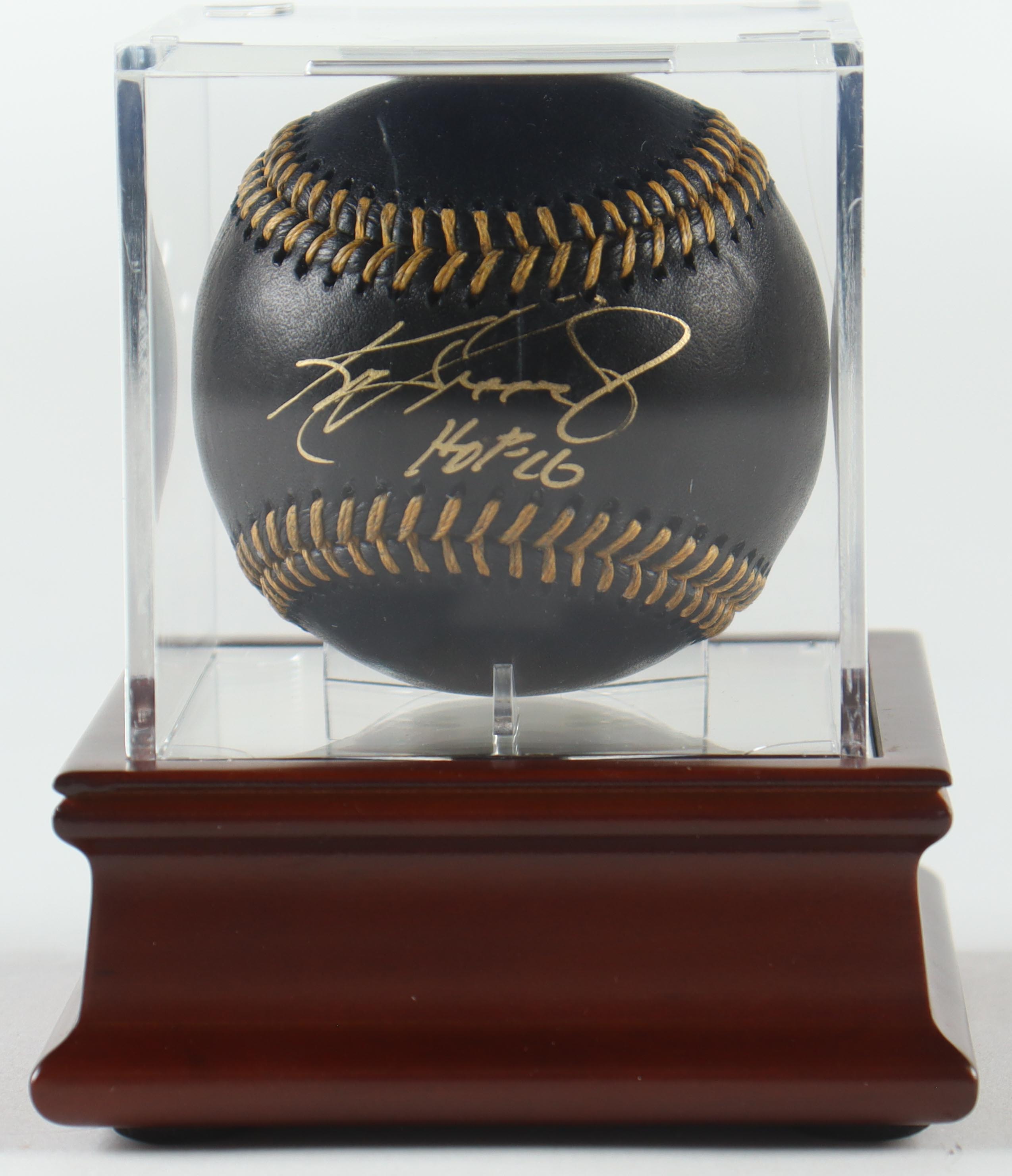 Ken Griffey Jr. Signed OML Black Leather Baseball Inscribed "HOF 96" with Glass Display Case & Wood Base (Beckett) at PristineAuction.com Ken Griffey Jr. Signed OML Black Leather Baseball Inscribed "HOF 96" with Glass Display Case & Wood Base (Beckett) at PristineAuction.com
