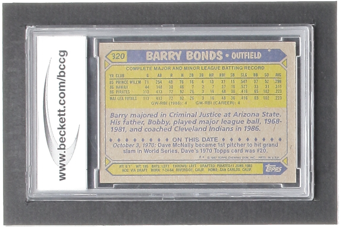 Barry Bonds 1987 Topps #320 RC (BCCG 10) at PristineAuction.com Barry Bonds 1987 Topps #320 RC (BCCG 10) at PristineAuction.com