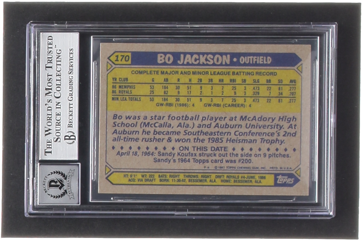 Bo Jackson Signed 1987 Topps #170 RC (BGS | Auto 10) at PristineAuction.com Bo Jackson Signed 1987 Topps #170 RC (BGS | Auto 10) at PristineAuction.com