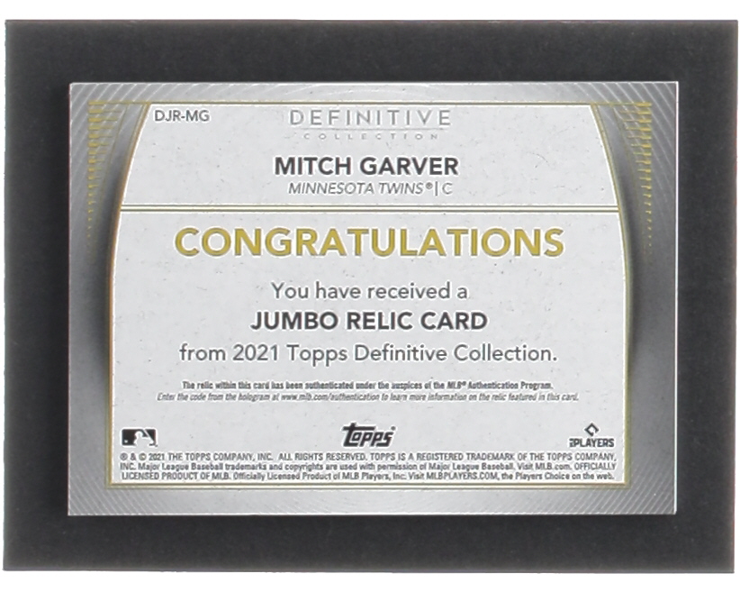 Mitch Garver 2021 Topps Definitive Collection Jumbo Relics Blue #DJRMG #08/30 at PristineAuction.com Mitch Garver 2021 Topps Definitive Collection Jumbo Relics Blue #DJRMG #08/30 at PristineAuction.com