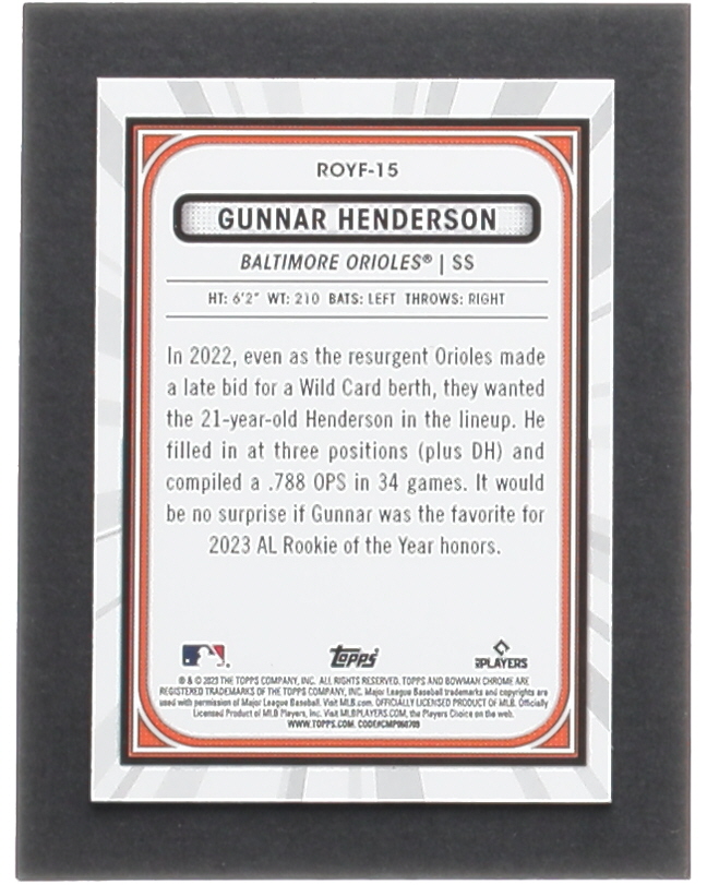 Gunnar Henderson 2023 Bowman Chrome Rookie of the Year Favorites #ROYF15 RC at PristineAuction.com Gunnar Henderson 2023 Bowman Chrome Rookie of the Year Favorites #ROYF15 RC at PristineAuction.com