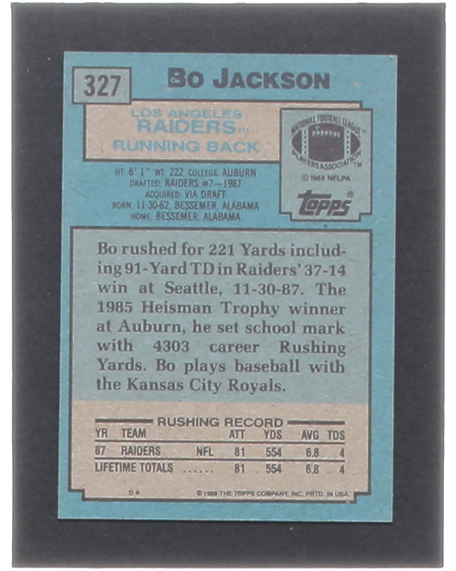 Bo Jackson 1988 Topps #327 SR RC at PristineAuction.com Bo Jackson 1988 Topps #327 SR RC at PristineAuction.com