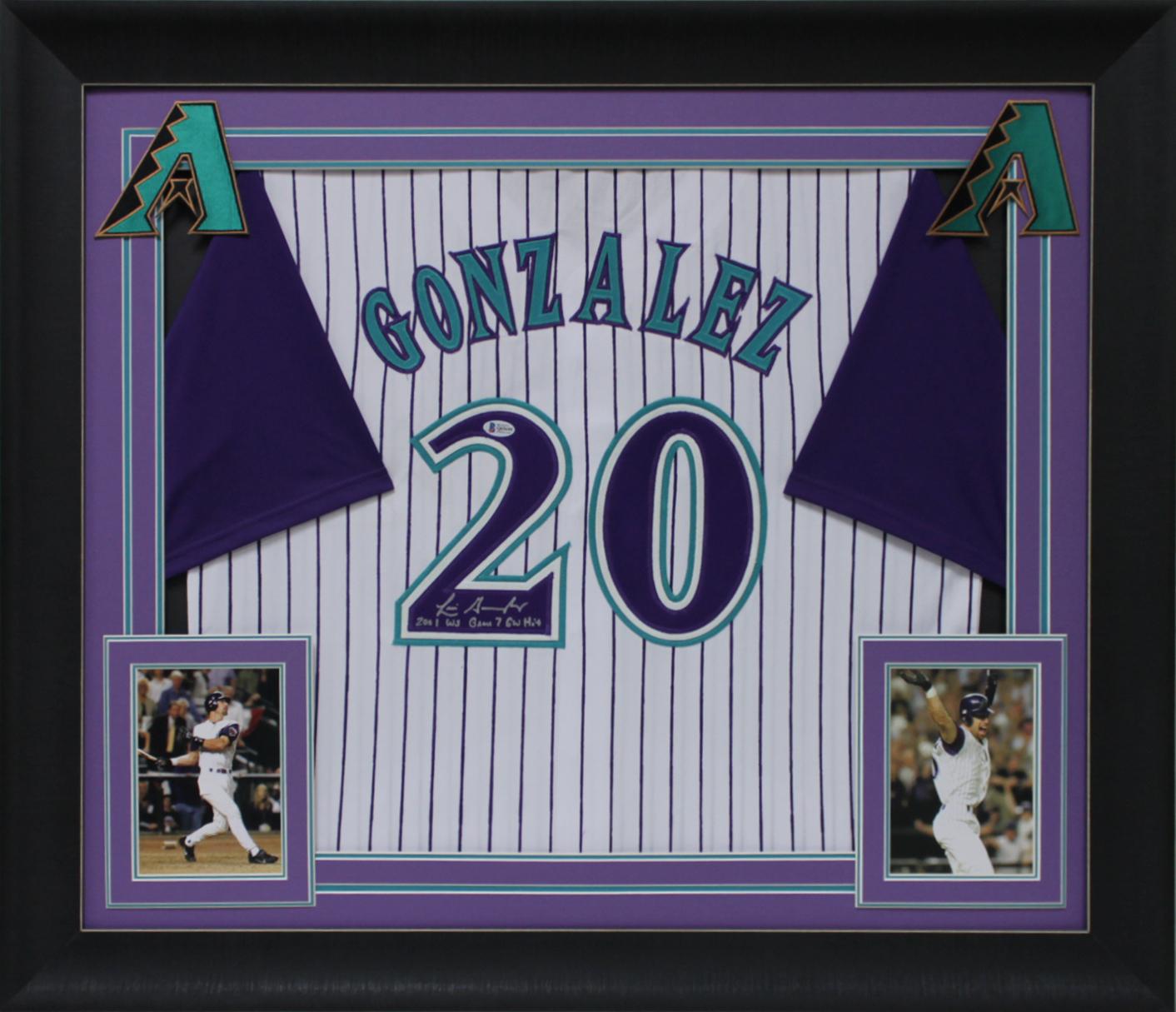Luis Gonzalez Signed Custom Framed Jersey Display Inscribed "2001 WS G7 GW Hit" (Beckett) at PristineAuction.com Luis Gonzalez Signed Custom Framed Jersey Display Inscribed "2001 WS G7 GW Hit" (Beckett) at PristineAuction.com
