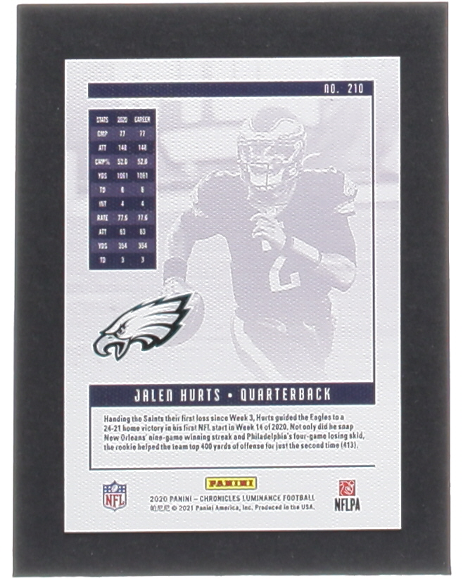 Jalen Hurts 2020 Panini Luminance #210 RC / Chronicles at PristineAuction.com Jalen Hurts 2020 Panini Luminance #210 RC / Chronicles at PristineAuction.com