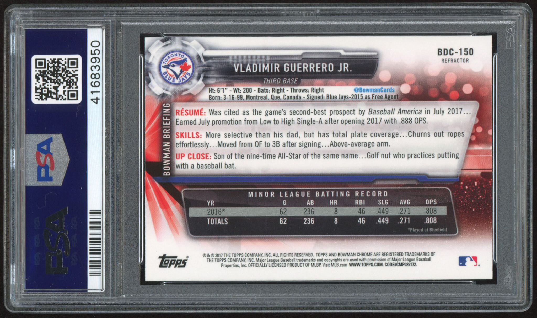Vladimir Guerrero Jr. 2017 Bowman Chrome Draft Refractors #BDC150 RC (PSA 10) at PristineAuction.com Vladimir Guerrero Jr. 2017 Bowman Chrome Draft Refractors #BDC150 RC (PSA 10) at PristineAuction.com