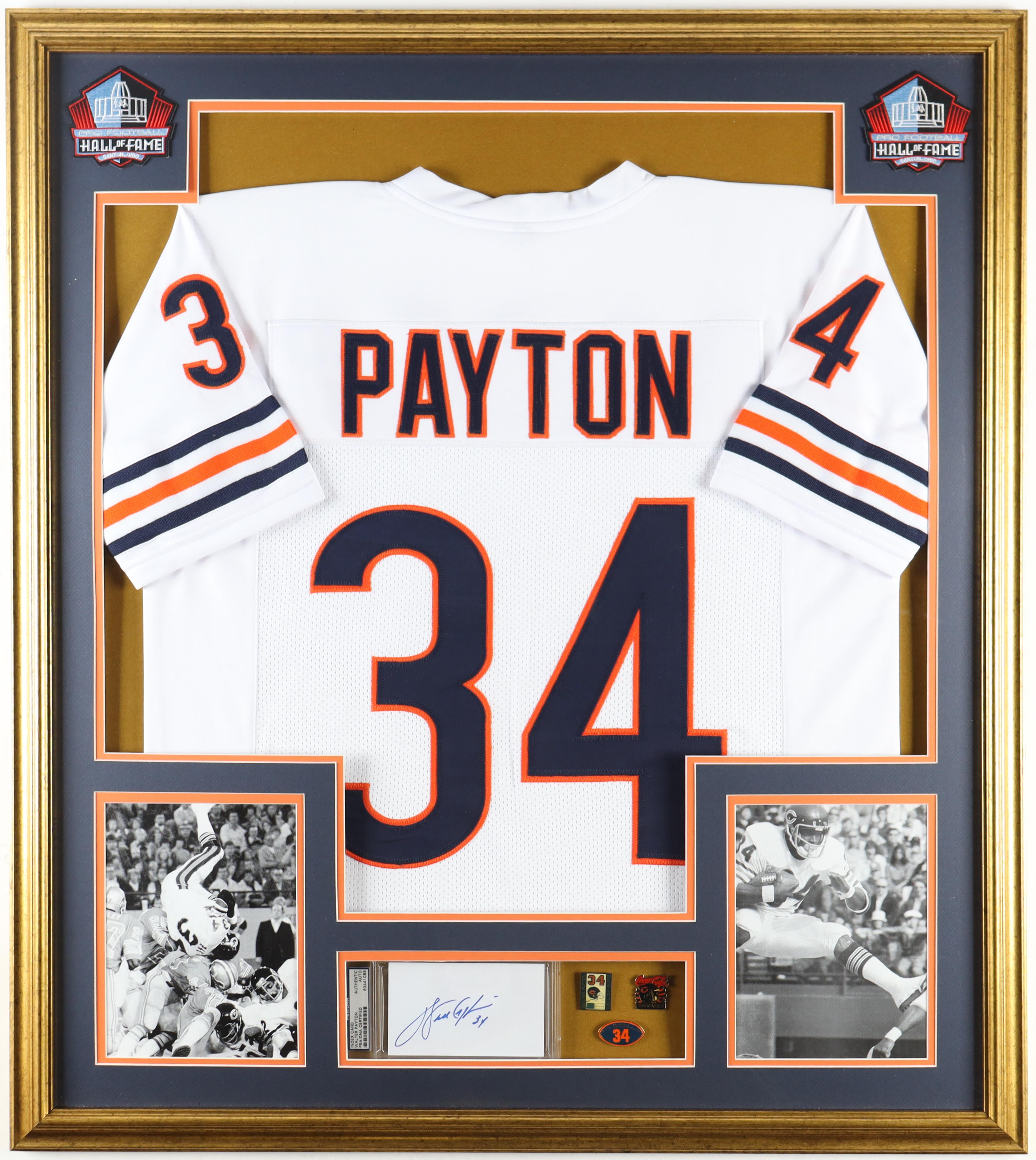 Walter Payton Signed Bears Custom Framed Cut Display with Jersey, (2) Payton #34 Pins & Coca Cola Bears Pin at PristineAuction.com Walter Payton Signed Bears Custom Framed Cut Display with Jersey, (2) Payton #34 Pins & Coca Cola Bears Pin at PristineAuction.com