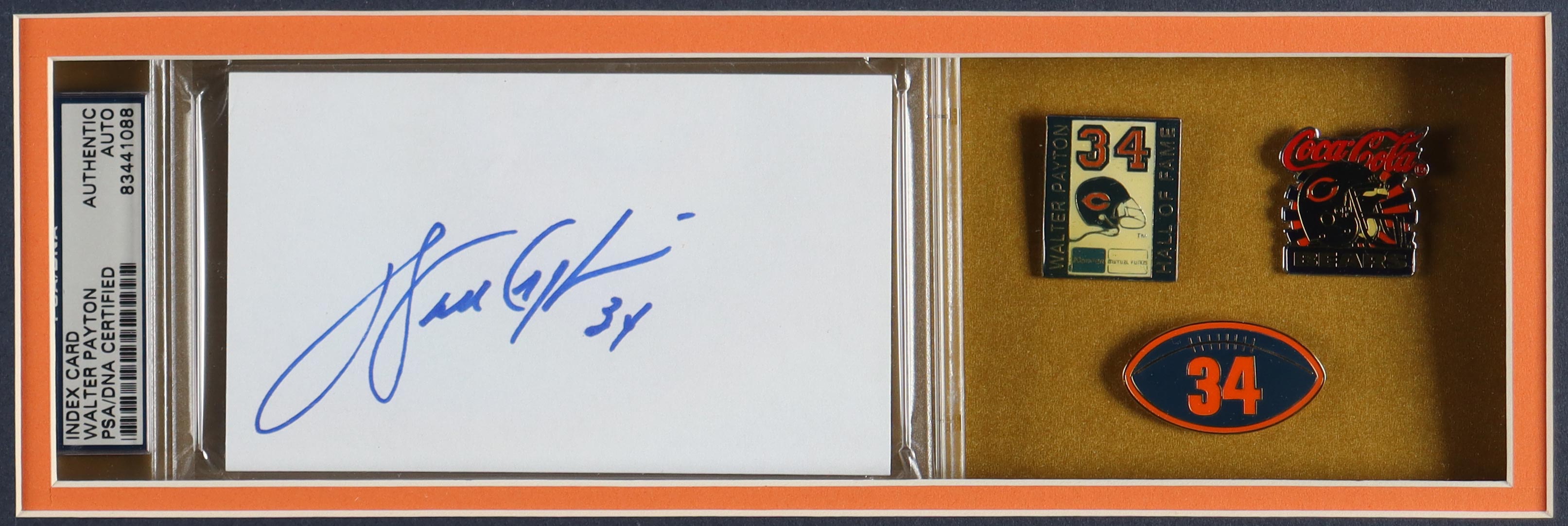 Walter Payton Signed Bears Custom Framed Cut Display with Jersey, (2) Payton #34 Pins & Coca Cola Bears Pin at PristineAuction.com Walter Payton Signed Bears Custom Framed Cut Display with Jersey, (2) Payton #34 Pins & Coca Cola Bears Pin at PristineAuction.com