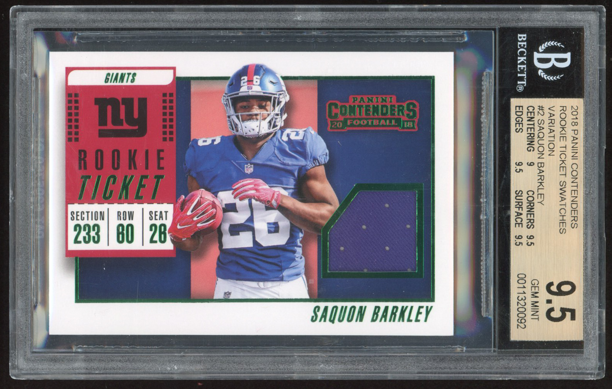 Saquon Barkley 2018 Panini Contenders Rookie Ticket Swatches Variation #2 RC (BGS 9.5) at PristineAuction.com Saquon Barkley 2018 Panini Contenders Rookie Ticket Swatches Variation #2 RC (BGS 9.5) at PristineAuction.com