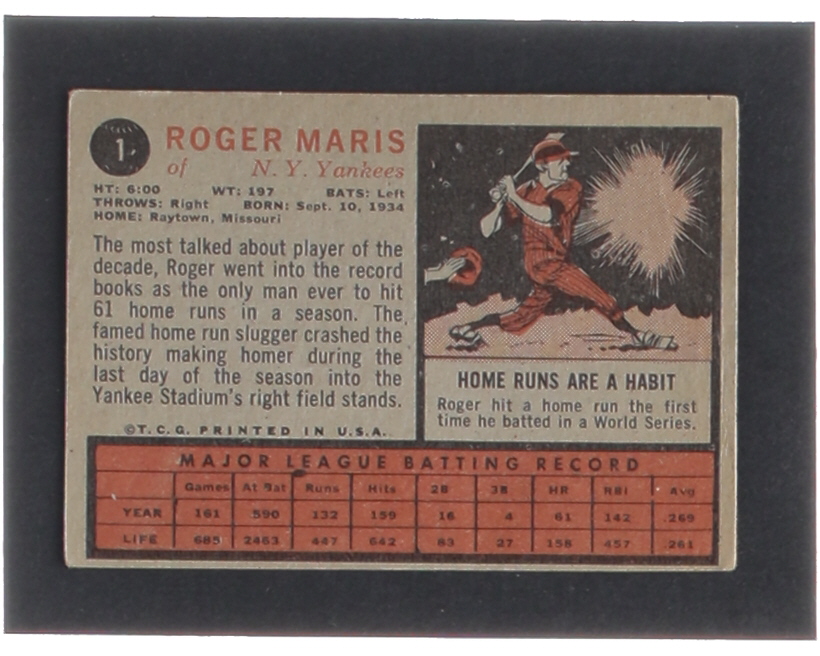 Roger Maris 1962 Topps #1 at PristineAuction.com Roger Maris 1962 Topps #1 at PristineAuction.com