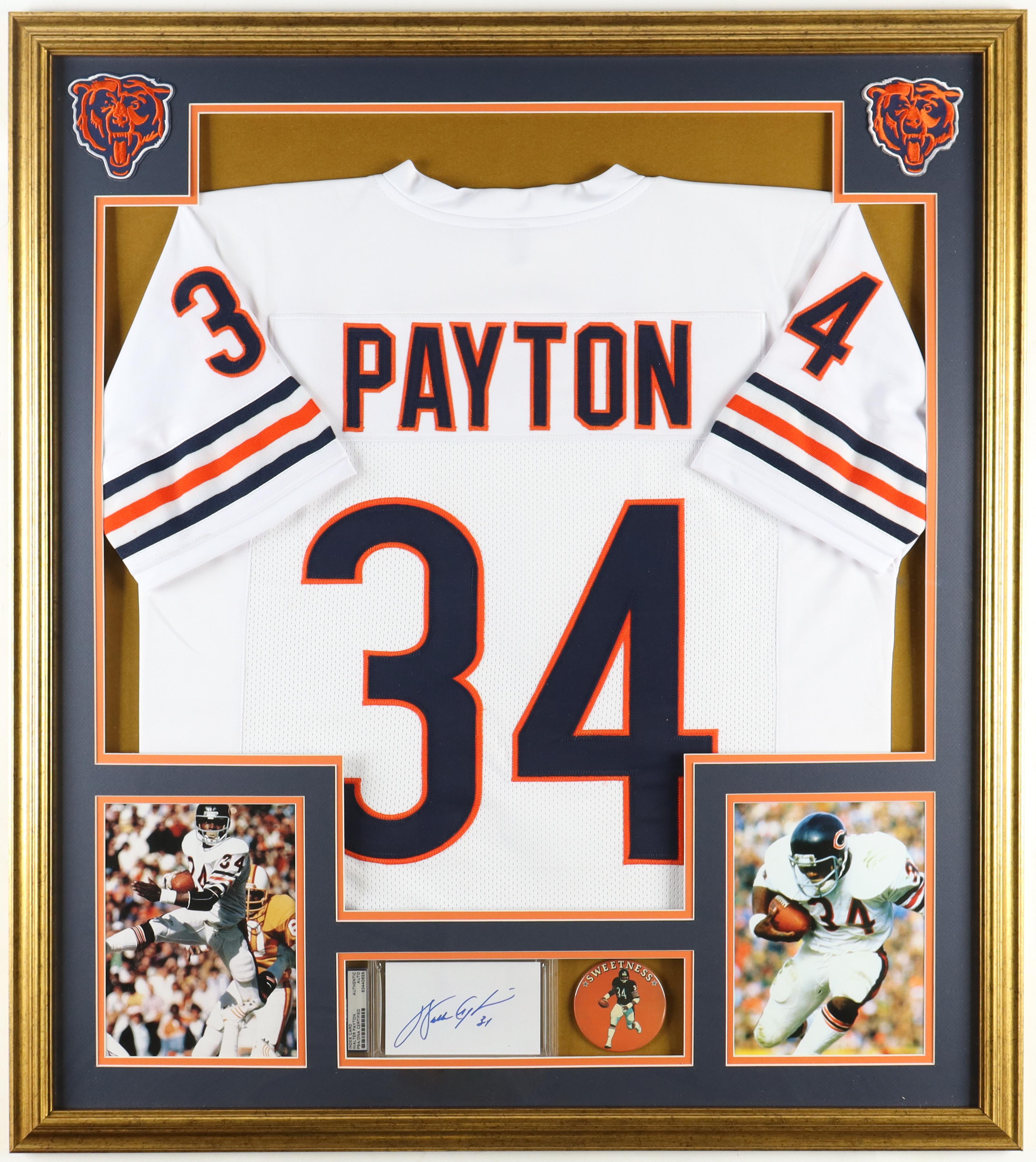 Walter Payton Signed Bears Custom Framed Cut Display with Jersey & Vintage Bears Lapel Pin (PSA) at PristineAuction.com Walter Payton Signed Bears Custom Framed Cut Display with Jersey & Vintage Bears Lapel Pin (PSA) at PristineAuction.com