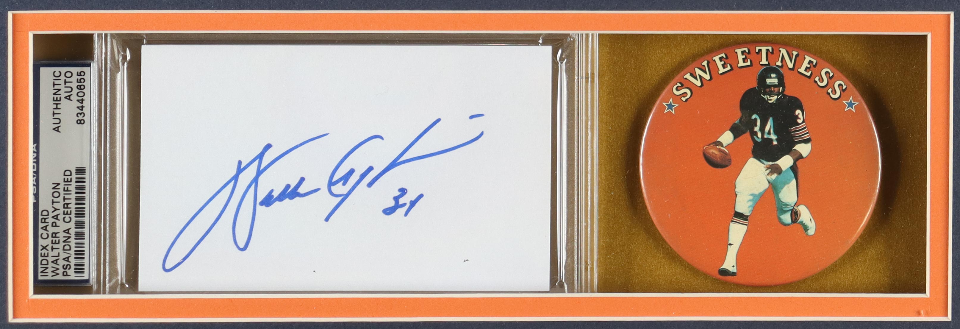 Walter Payton Signed Bears Custom Framed Cut Display with Jersey & Vintage Bears Lapel Pin (PSA) at PristineAuction.com Walter Payton Signed Bears Custom Framed Cut Display with Jersey & Vintage Bears Lapel Pin (PSA) at PristineAuction.com