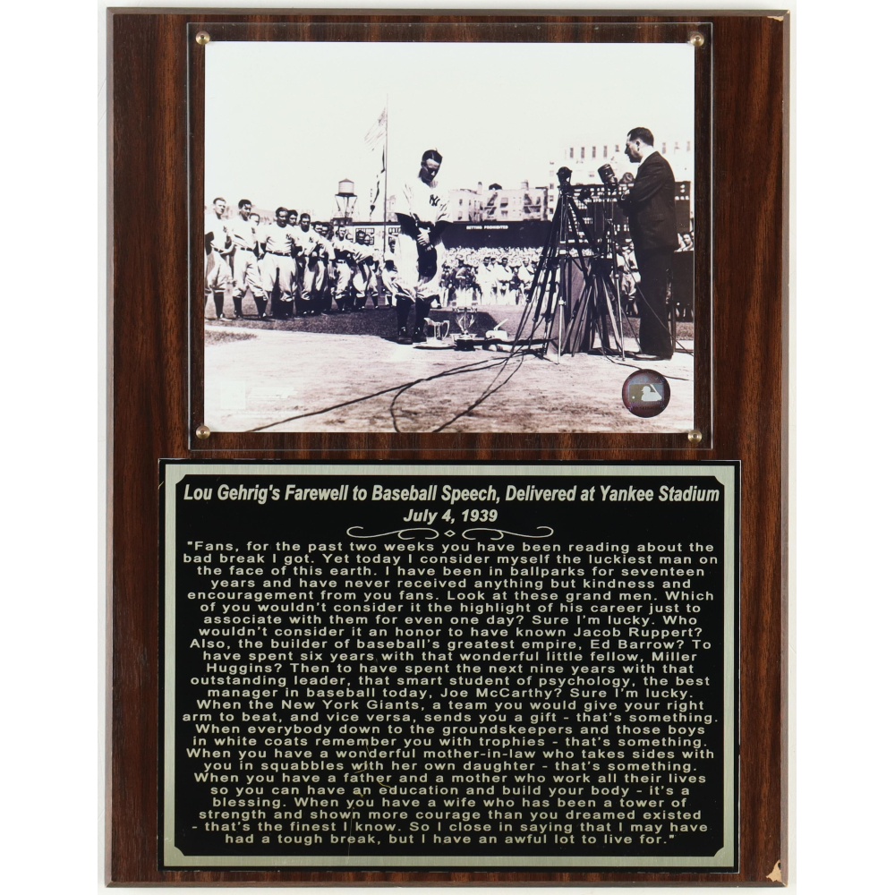 Lou Gehrig's Farewell To Baseball Speech Custom Framed Plaque Display