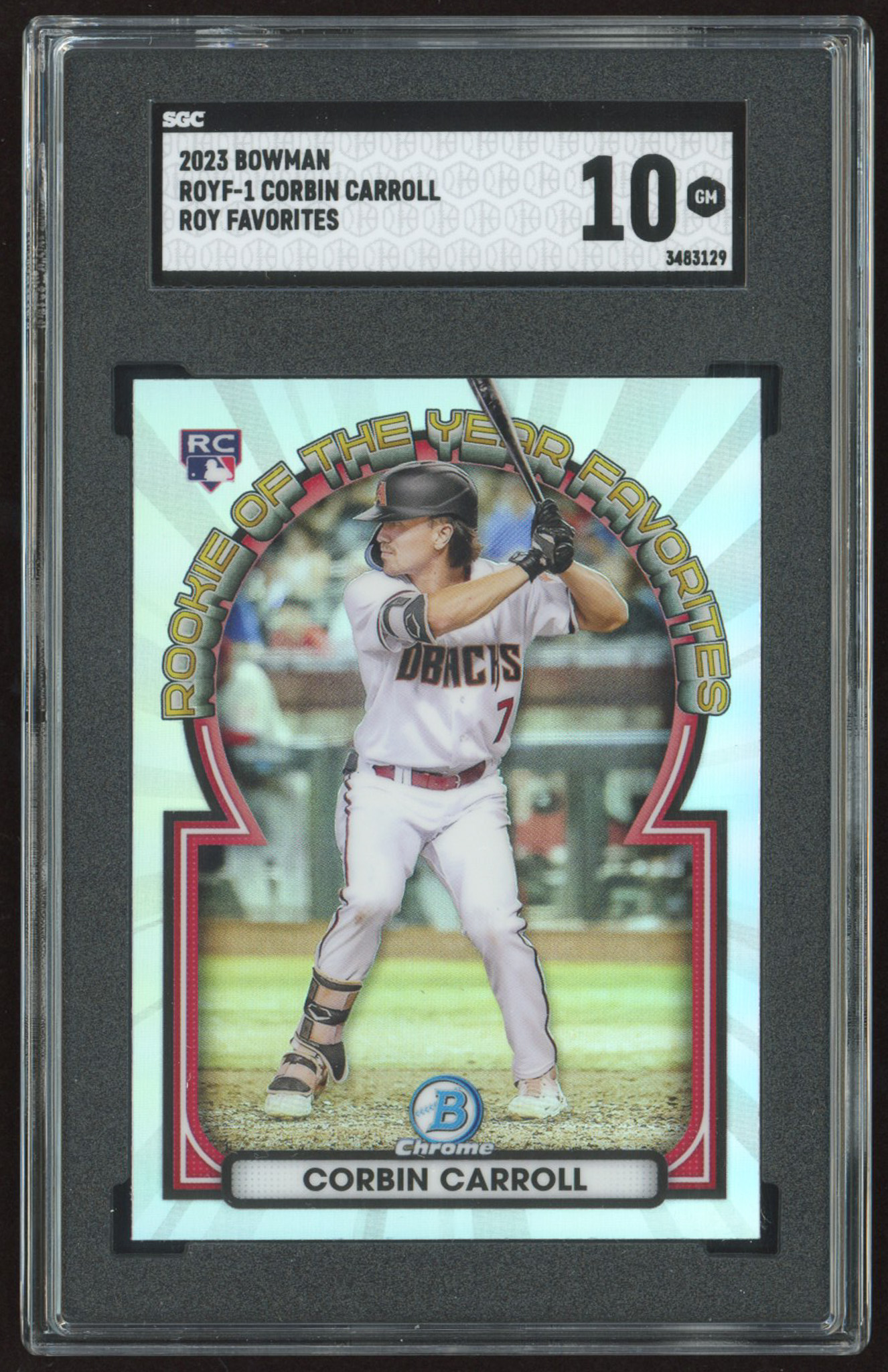 Corbin Carroll 2023 Bowman Chrome Rookie of the Year Favorites #ROYF1 RC (SGC 10) at PristineAuction.com Corbin Carroll 2023 Bowman Chrome Rookie of the Year Favorites #ROYF1 RC (SGC 10) at PristineAuction.com