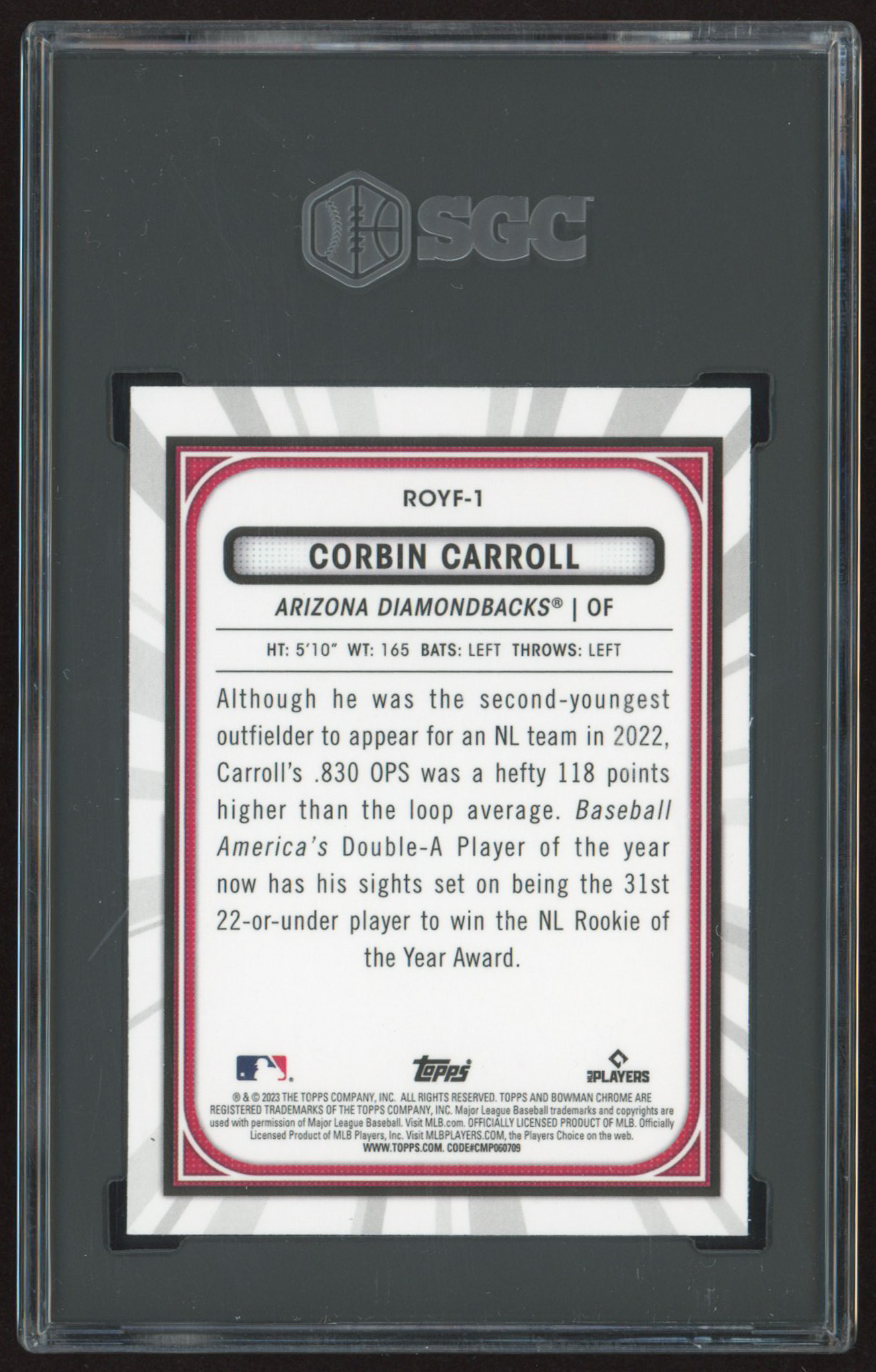 Corbin Carroll 2023 Bowman Chrome Rookie of the Year Favorites #ROYF1 RC (SGC 10) at PristineAuction.com Corbin Carroll 2023 Bowman Chrome Rookie of the Year Favorites #ROYF1 RC (SGC 10) at PristineAuction.com