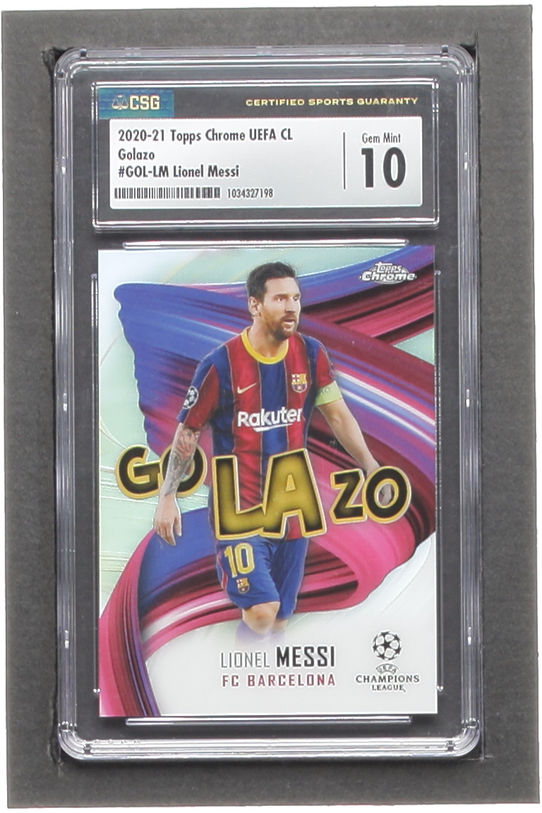 Lionel Messi 2020-21 Topps Chrome UEFA Champions League Golazo #GOLLM (CSG 10) at PristineAuction.com Lionel Messi 2020-21 Topps Chrome UEFA Champions League Golazo #GOLLM (CSG 10) at PristineAuction.com