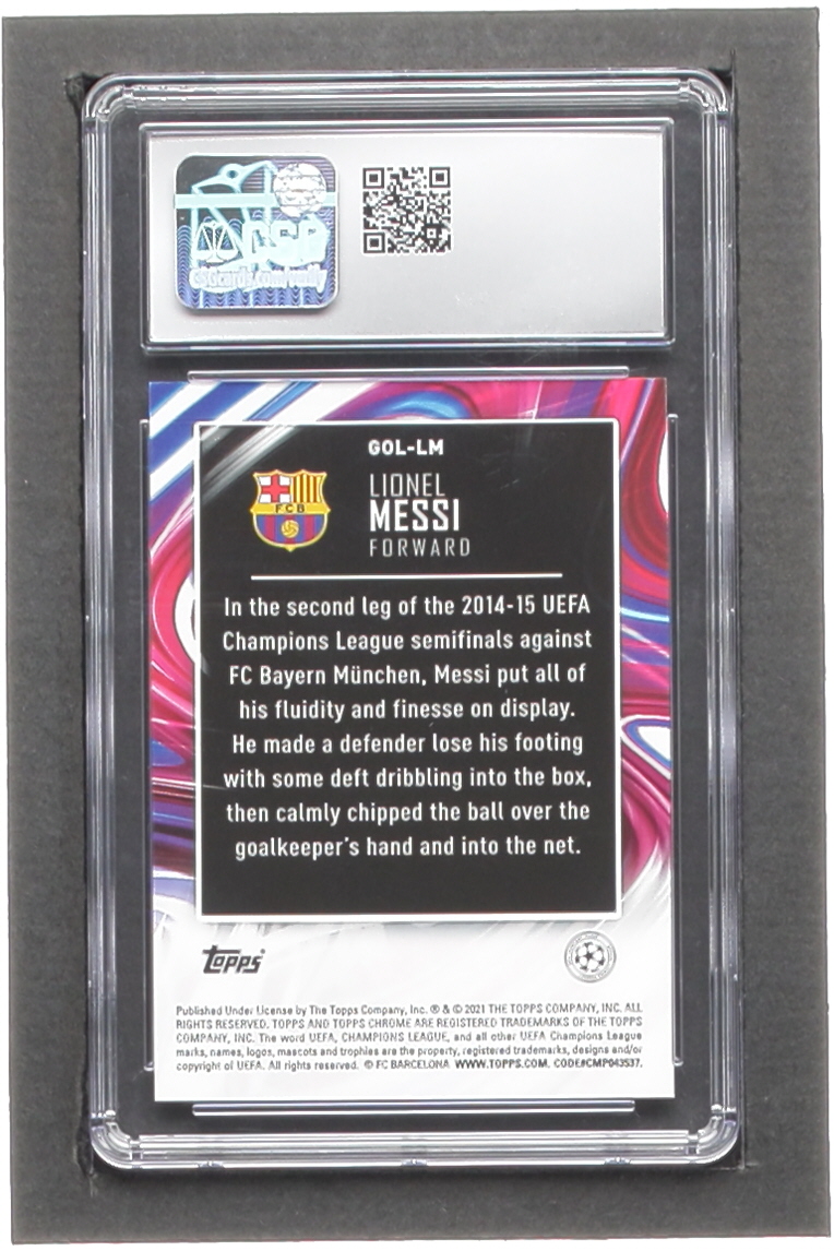 Lionel Messi 2020-21 Topps Chrome UEFA Champions League Golazo #GOLLM (CSG 10) at PristineAuction.com Lionel Messi 2020-21 Topps Chrome UEFA Champions League Golazo #GOLLM (CSG 10) at PristineAuction.com
