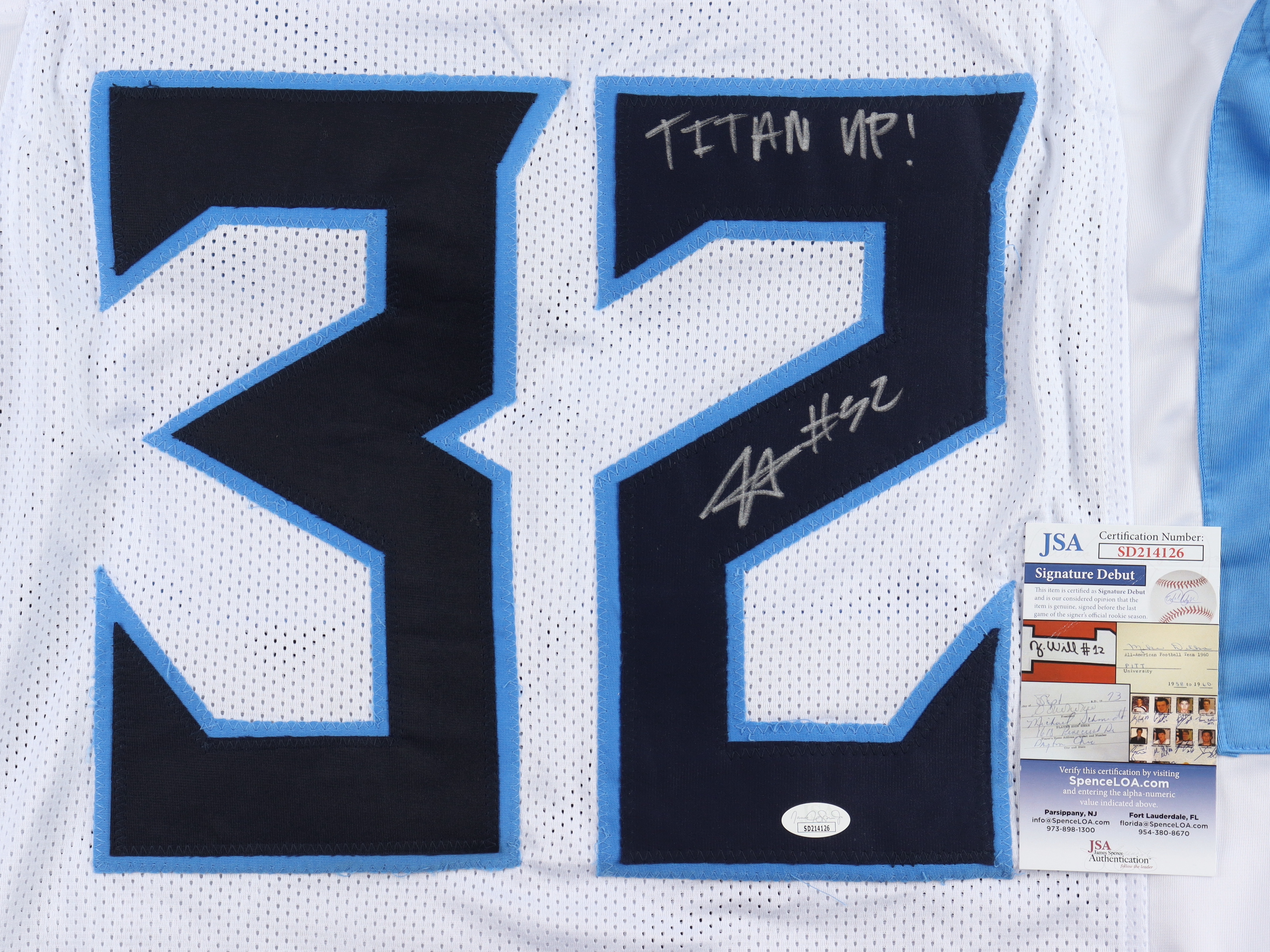 Tyjae Spears Signed Jersey Inscribed "TITAN UP!" (JSA) at PristineAuction.com Tyjae Spears Signed Jersey Inscribed "TITAN UP!" (JSA) at PristineAuction.com