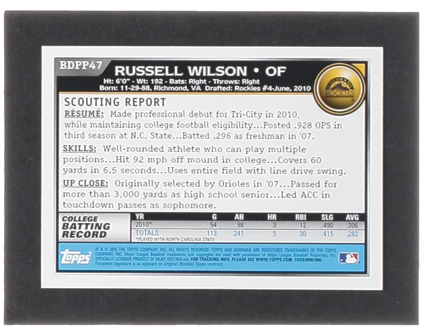 Russell Wilson 2010 Bowman Draft Prospects #BDPP47 RC at PristineAuction.com Russell Wilson 2010 Bowman Draft Prospects #BDPP47 RC at PristineAuction.com