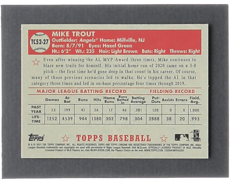 Mike Trout 2021 Topps '52 Topps Redux Chrome #TC5227 at PristineAuction.com Mike Trout 2021 Topps '52 Topps Redux Chrome #TC5227 at PristineAuction.com