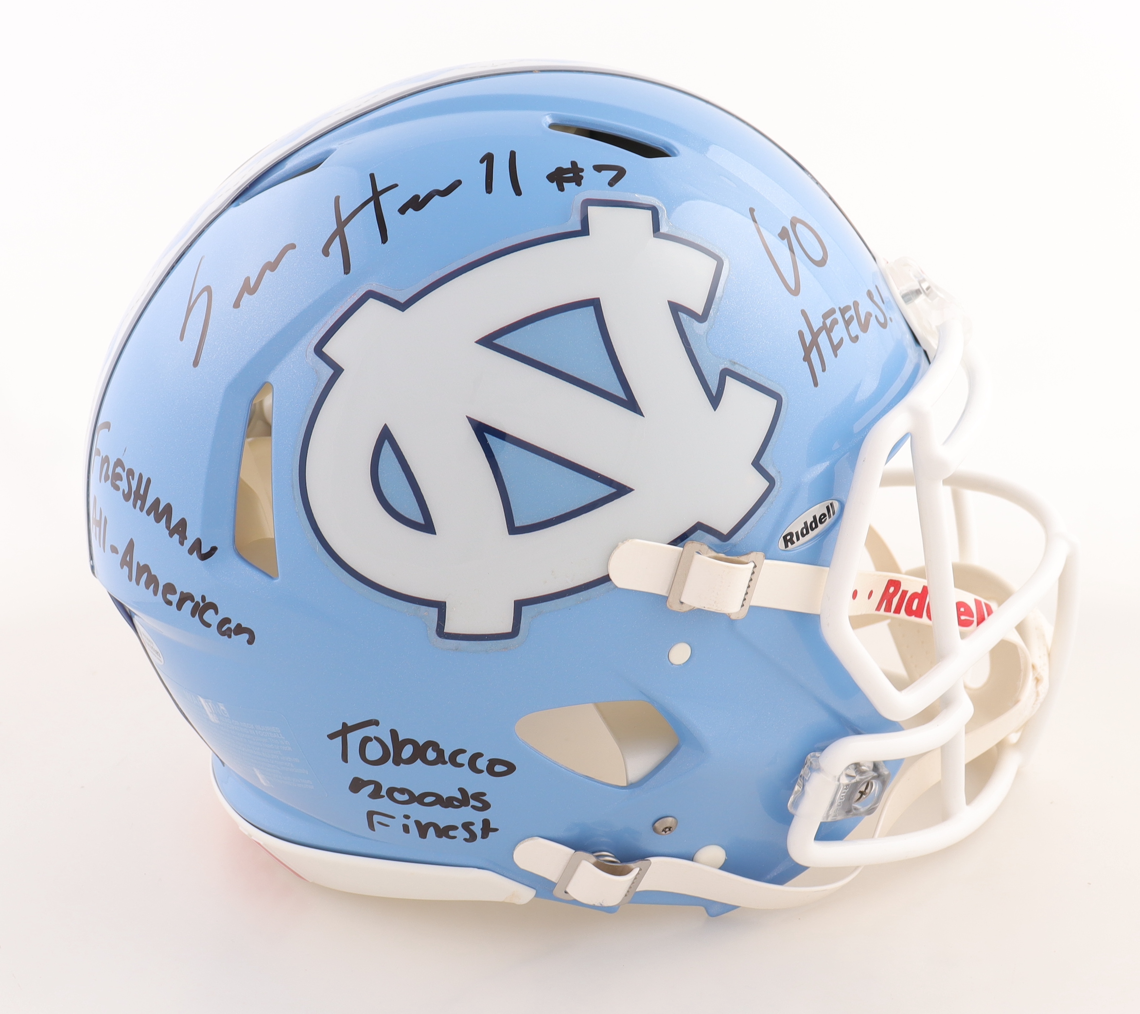 Sam Howell Signed North Carolina Tar Heels Full-Size Authentic On-Field Speed Helmet Inscribed "Freshman All-American", "GO HEELS!" & "Tobacco Roads Finest" (Beckett) at PristineAuction.com Sam Howell Signed North Carolina Tar Heels Full-Size Authentic On-Field Speed Helmet Inscribed "Freshman All-American", "GO HEELS!" & "Tobacco Roads Finest" (Beckett) at PristineAuction.com