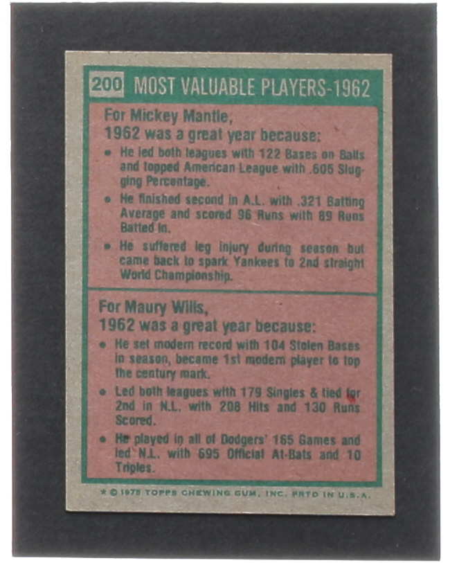 Mickey Mantle / Maury Wills 1975 Topps #200 MVP at PristineAuction.com Mickey Mantle / Maury Wills 1975 Topps #200 MVP at PristineAuction.com