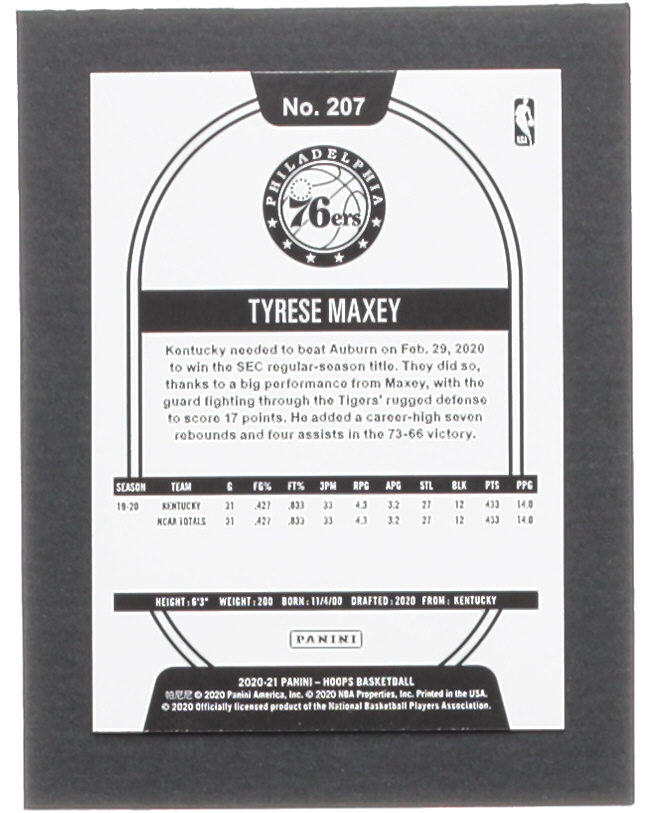 Tyrese Maxey 2020-21 Hoops Winter #207 RC at PristineAuction.com Tyrese Maxey 2020-21 Hoops Winter #207 RC at PristineAuction.com