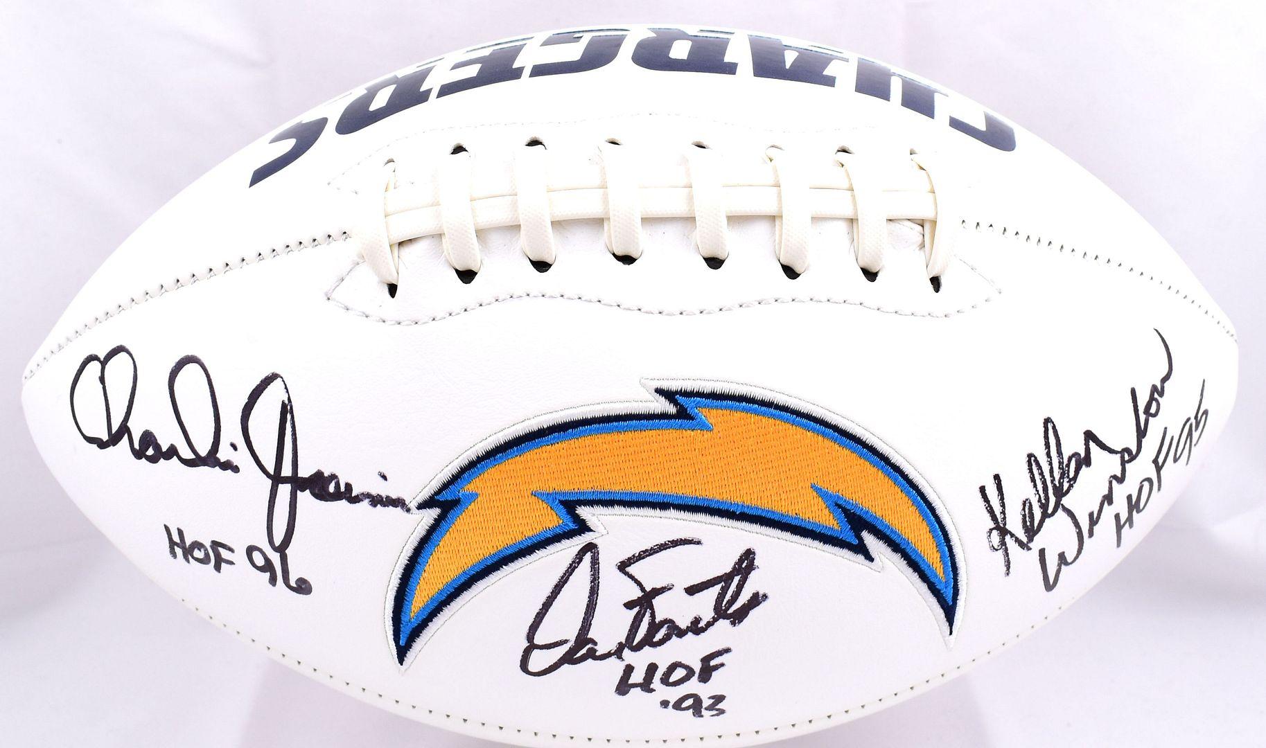 Dan Fouts, Kellen Winslow & Charlie Joiner Signed Chargers Logo Football with HOF Inscriptions (Beckett) at PristineAuction.com Dan Fouts, Kellen Winslow & Charlie Joiner Signed Chargers Logo Football with HOF Inscriptions (Beckett) at PristineAuction.com