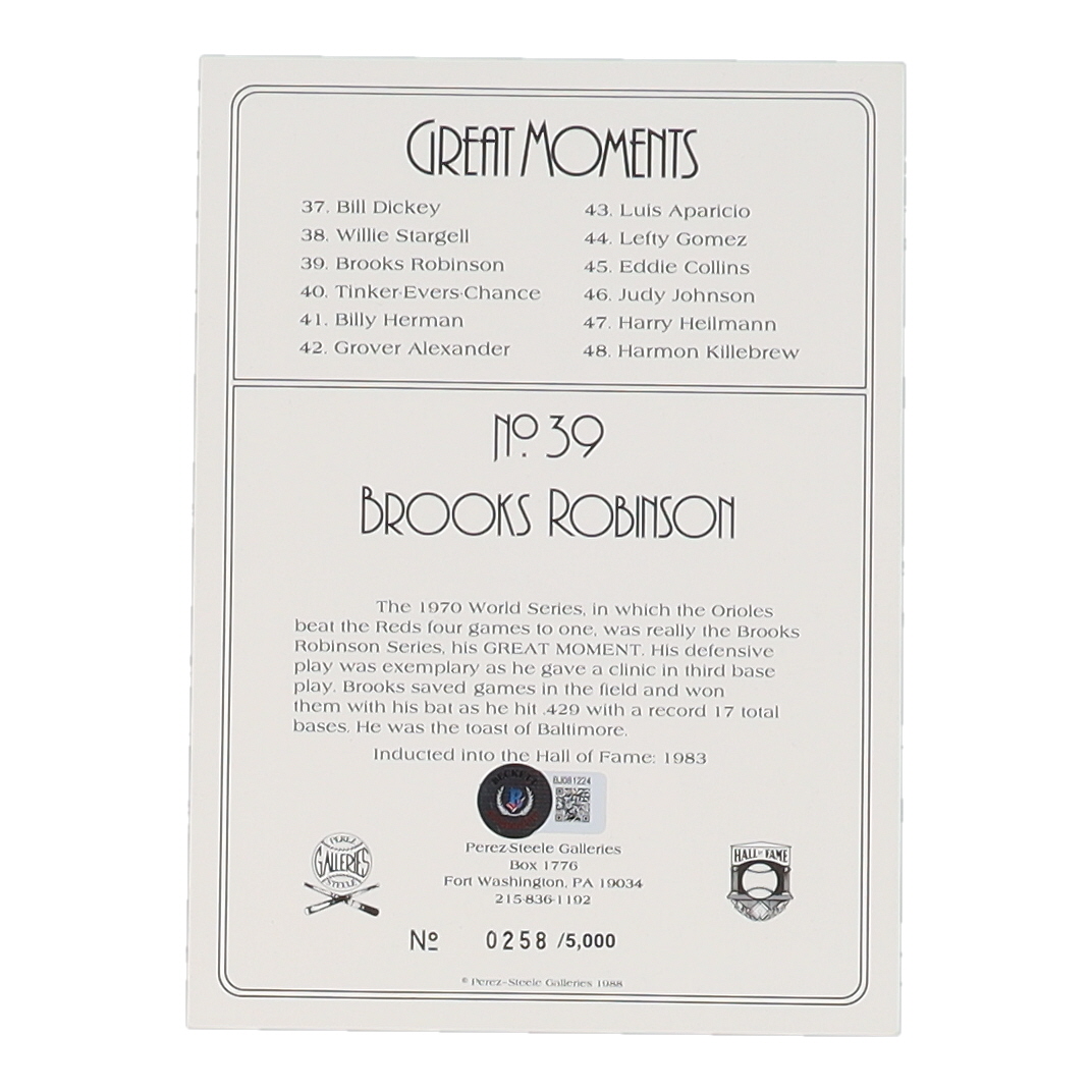 Brooks Robinson Signed LE 1985-97 Perez-Steele Great Moments #39 (Beckett) at PristineAuction.com Brooks Robinson Signed LE 1985-97 Perez-Steele Great Moments #39 (Beckett) at PristineAuction.com