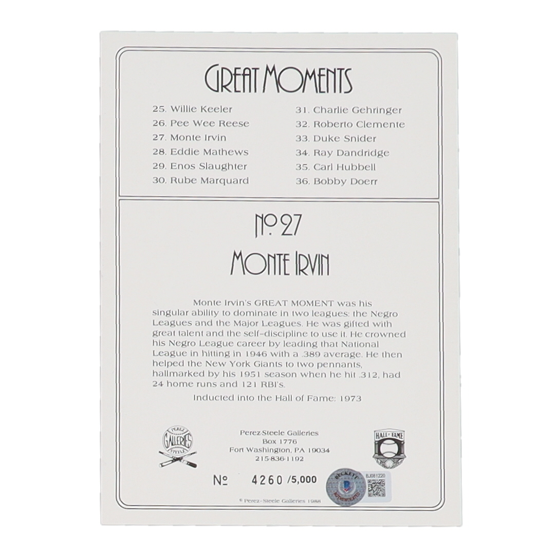 Monte Irvin Signed LE 1988 Perez-Steele Great Moments #27 (Beckett) at PristineAuction.com Monte Irvin Signed LE 1988 Perez-Steele Great Moments #27 (Beckett) at PristineAuction.com