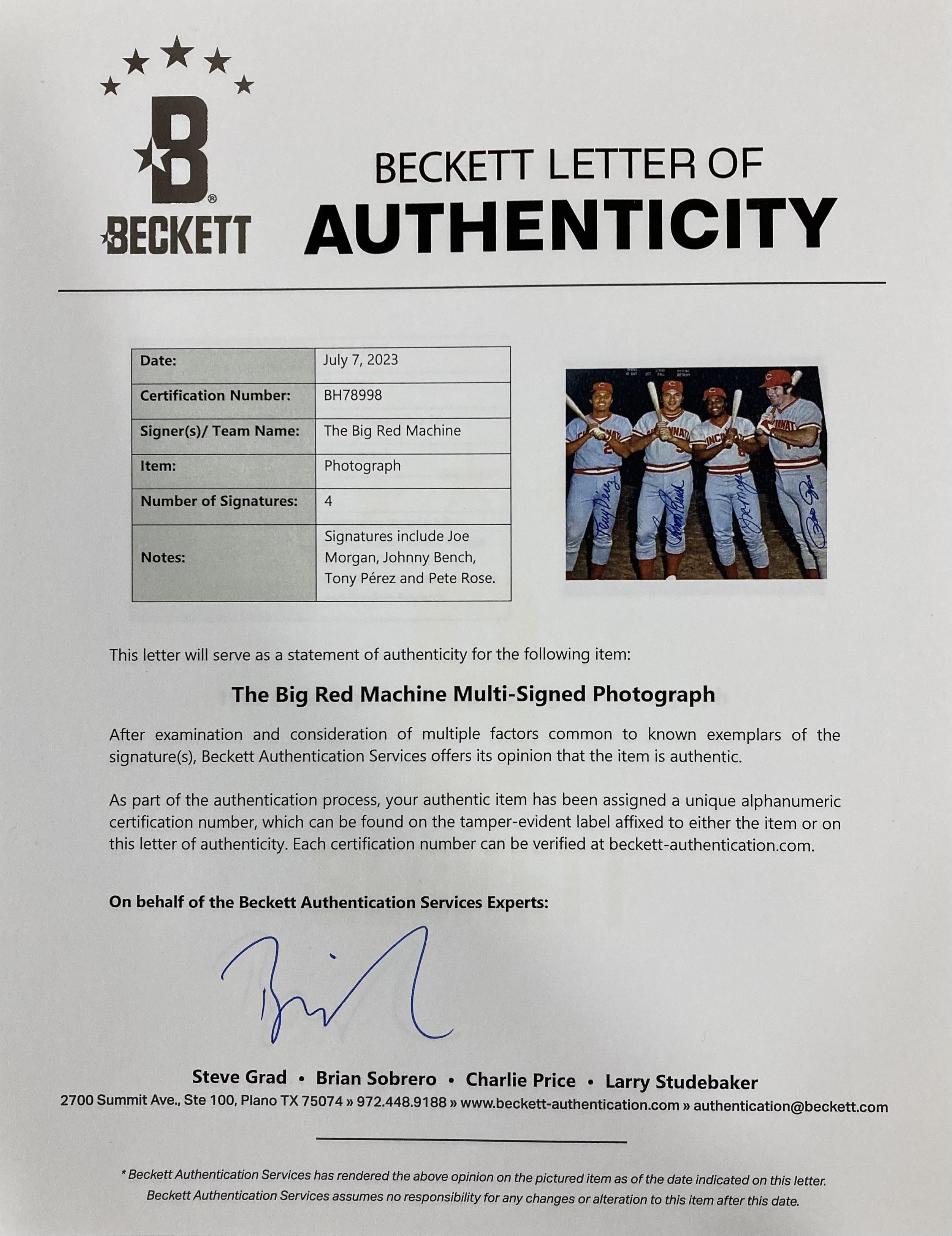 "Big Red Machine" Reds Custom Framed Photo Signed By Tony Perez, Johnny Bench, Joe Morgan & Pete Rose (Beckett) at PristineAuction.com "Big Red Machine" Reds Custom Framed Photo Signed By Tony Perez, Johnny Bench, Joe Morgan & Pete Rose (Beckett) at PristineAuction.com